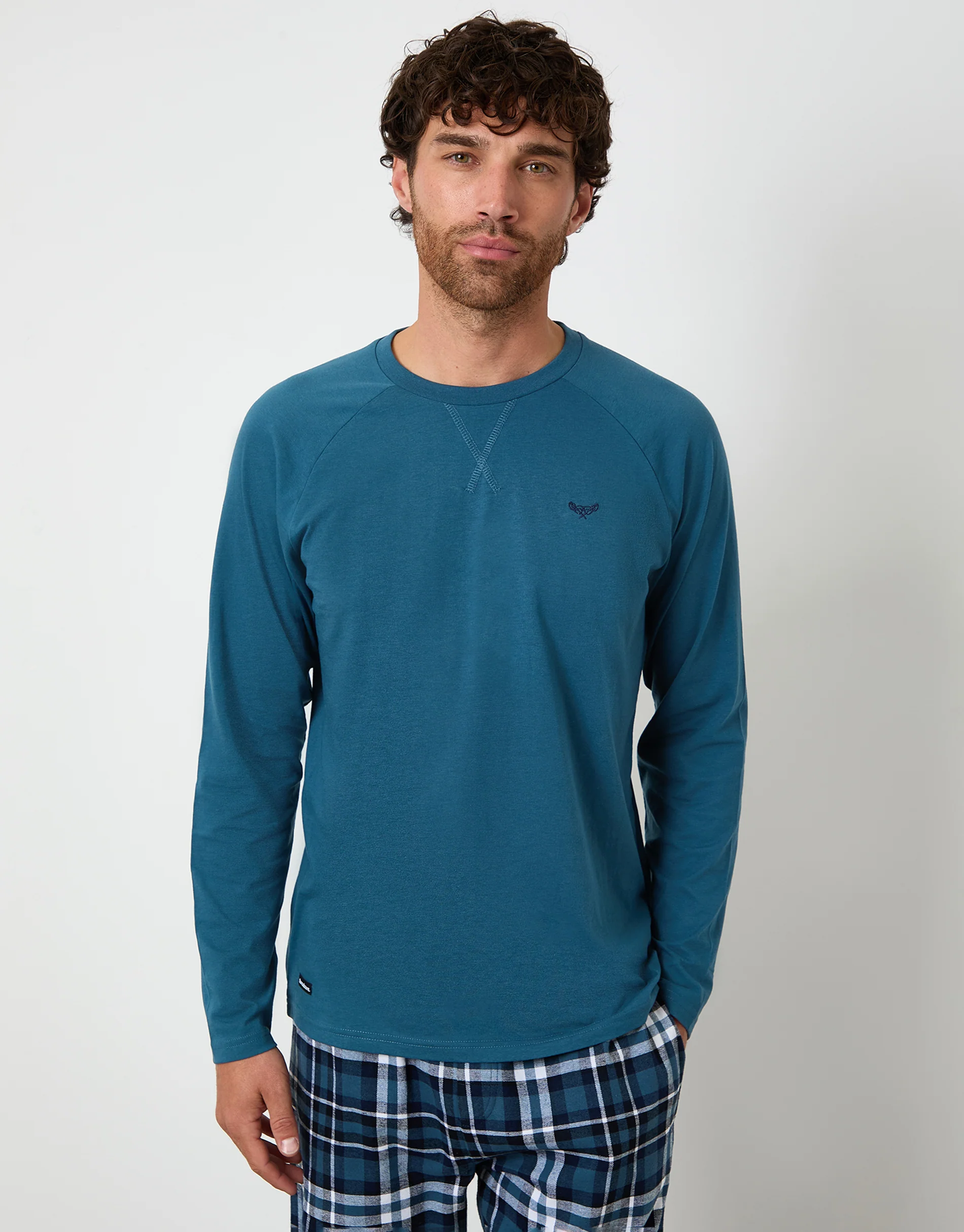Long Pyjama Sweatshirt & Pants Set in Teal Green & Navy Check - Image 3