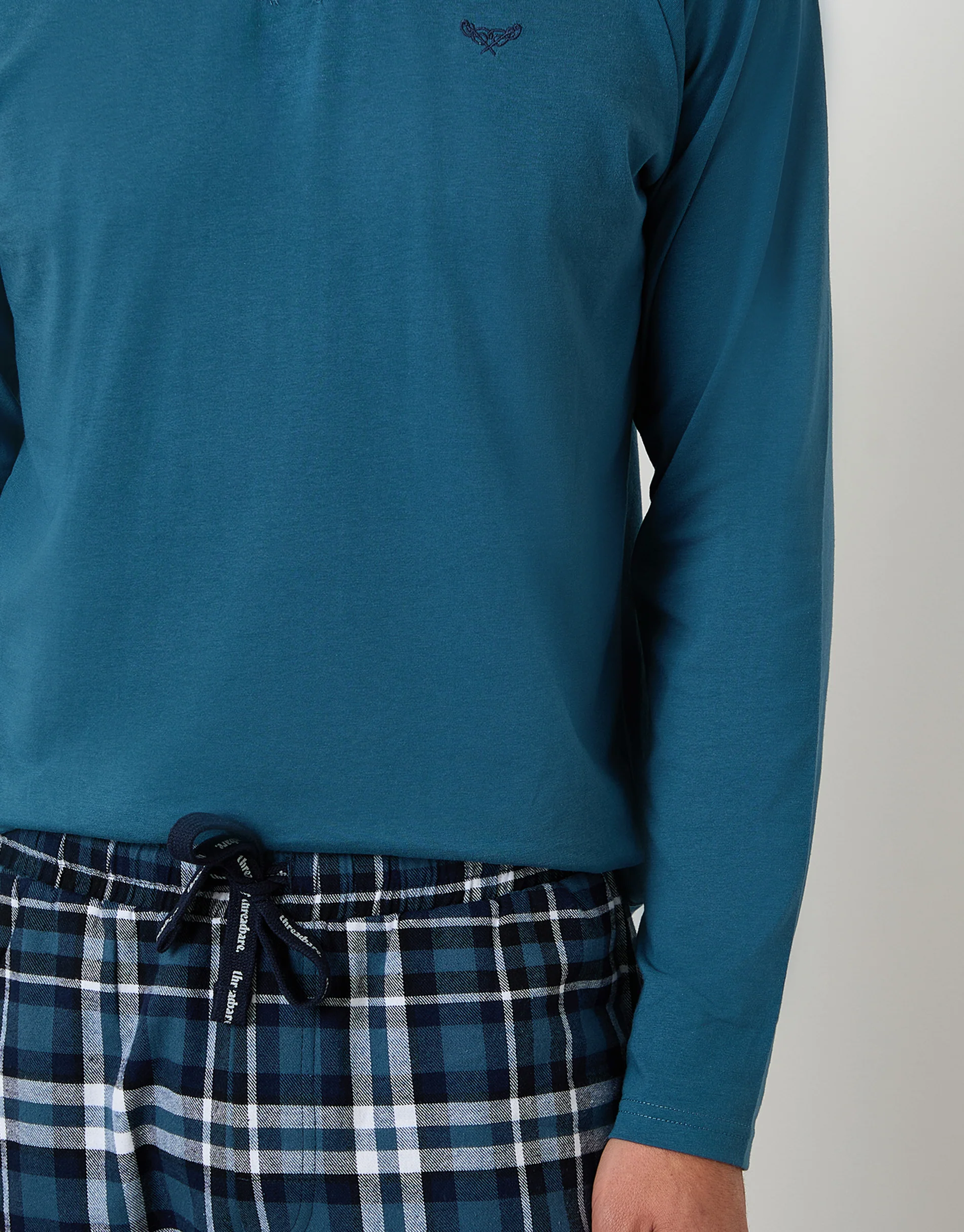 Long Pyjama Sweatshirt & Pants Set in Teal Green & Navy Check - Image 4