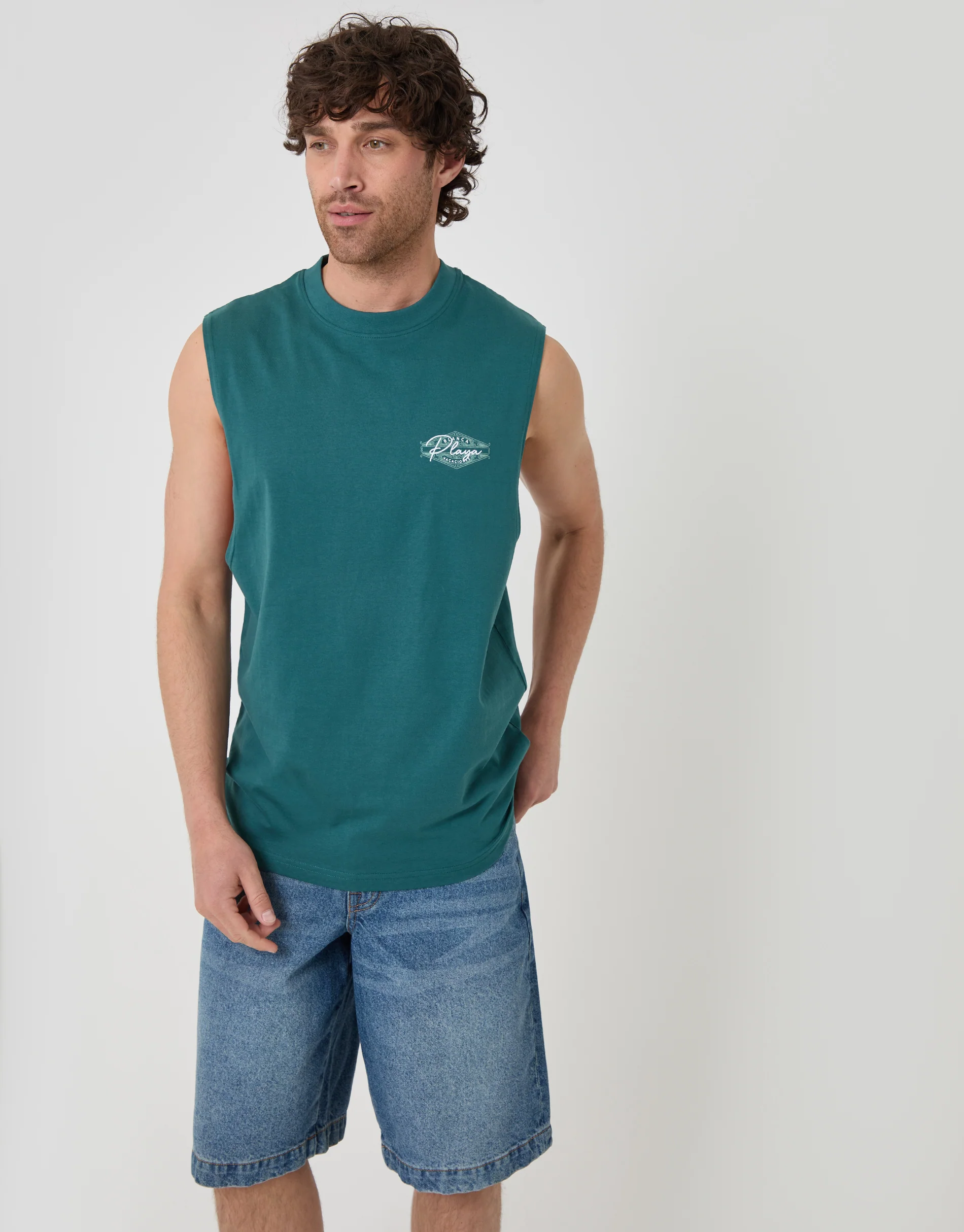 Relaxed Fit Playa Cotton Vest in Teal Green - Image 2