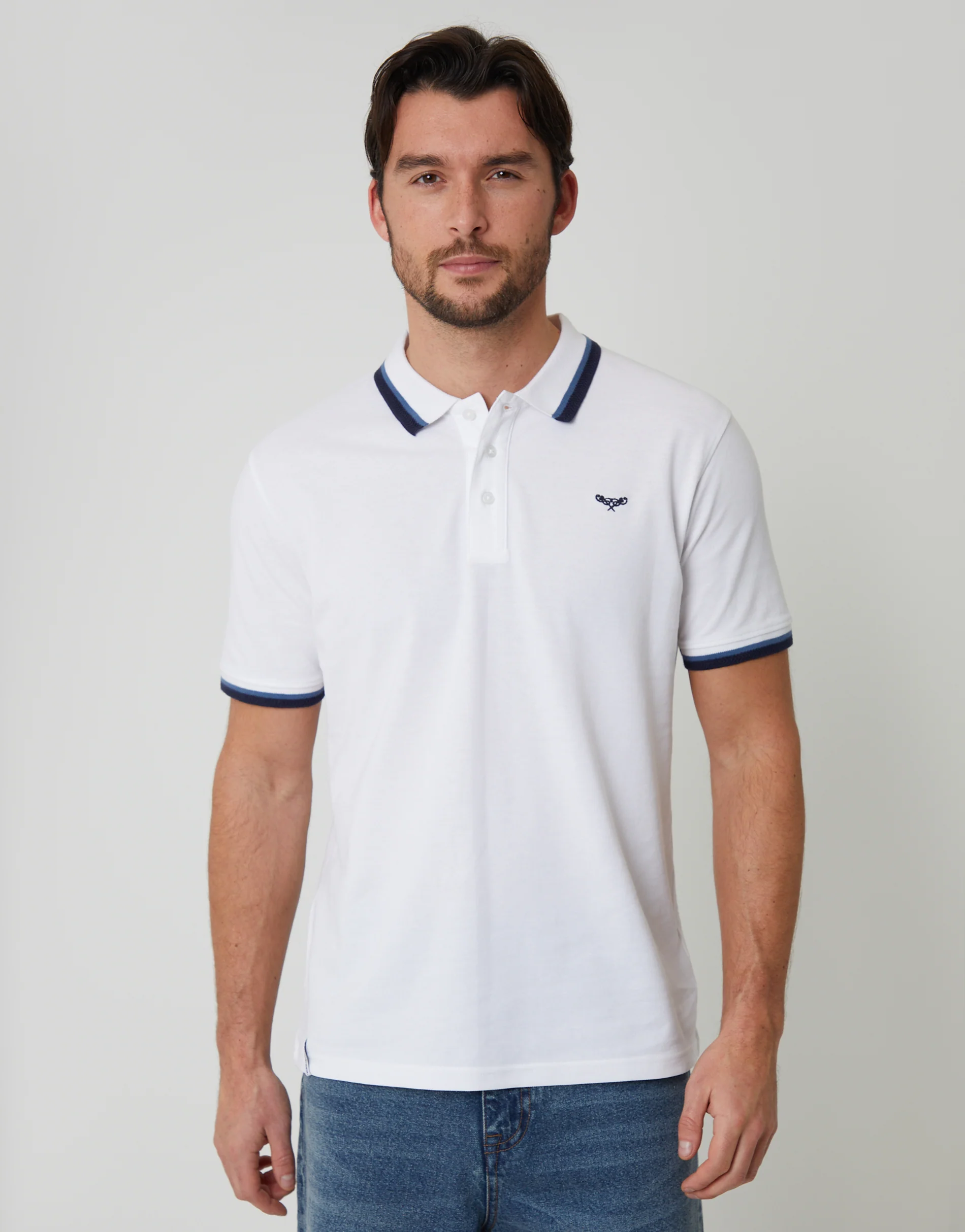 Herringbone Tipping Detail Pique Polo Shirt in White