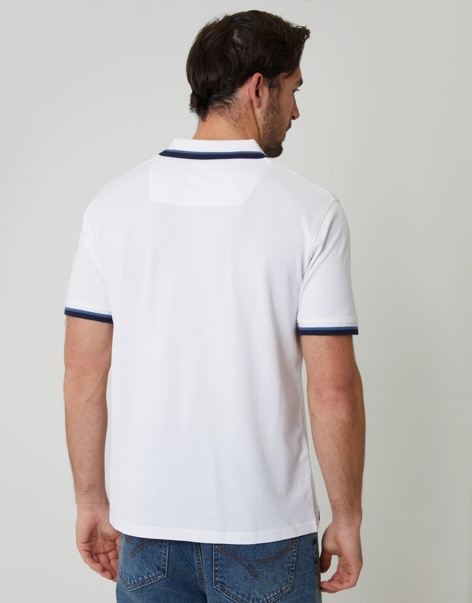 Herringbone Tipping Detail Pique Polo Shirt in White - Image 2