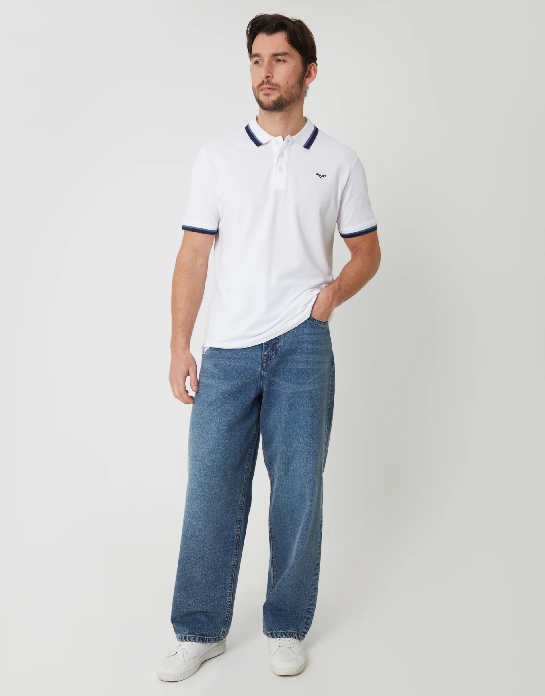 Herringbone Tipping Detail Pique Polo Shirt in White - Image 3
