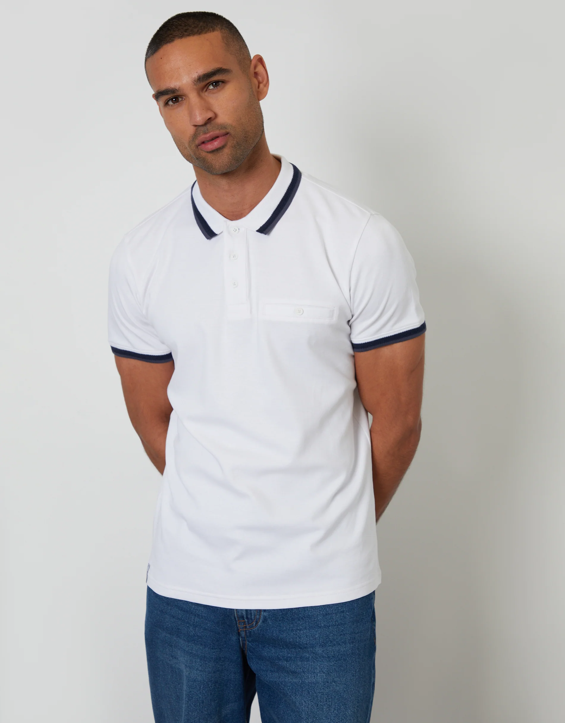 Jetted Pocket Cotton Interlock Polo Shirt in White