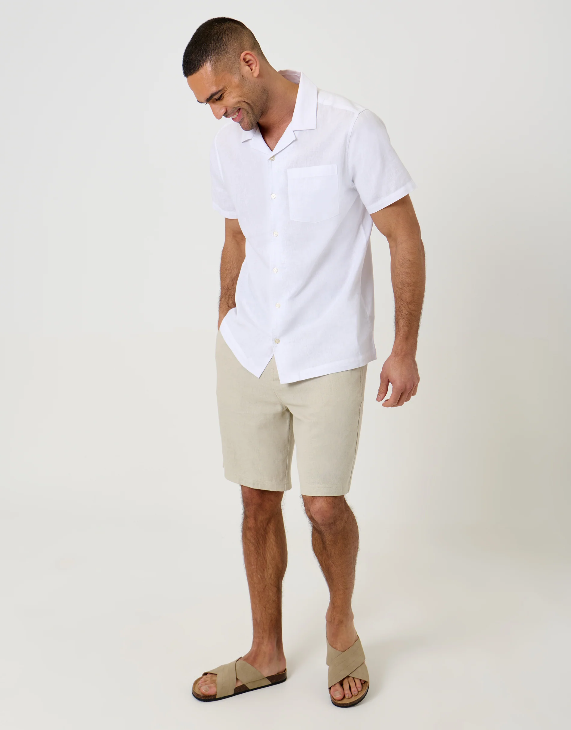 Linen Cotton Blend Short Sleeve Shirt in White - Image 3