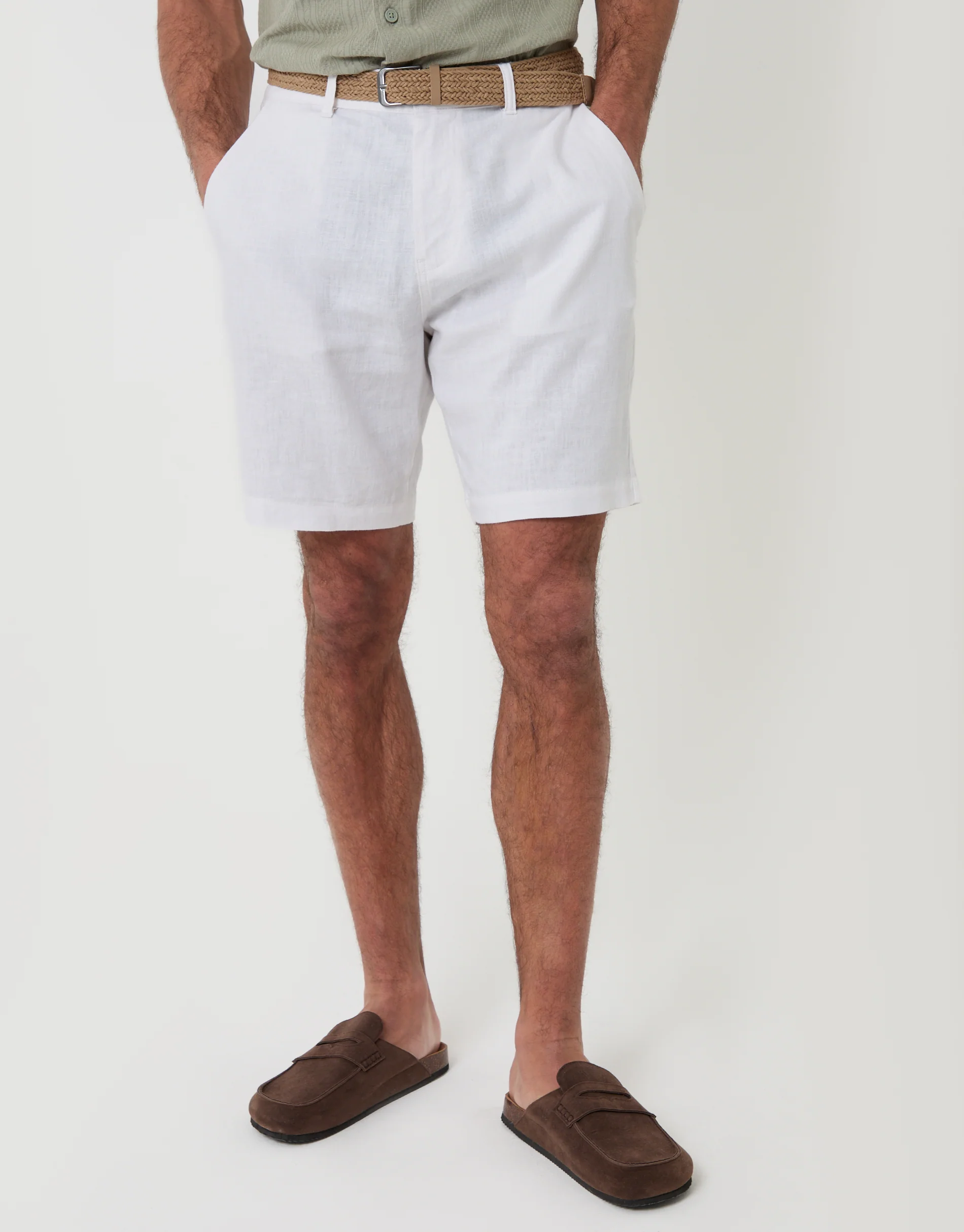 Regular Fit Linen Blend Shorts with Belt in White - Image 2