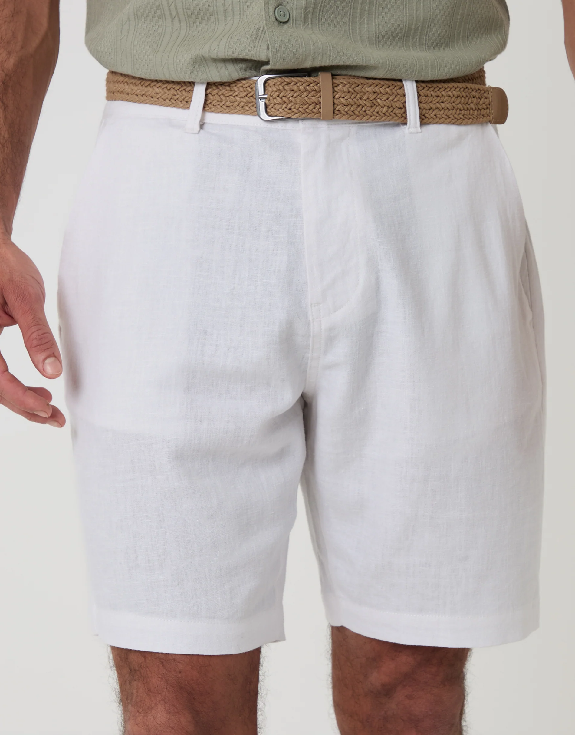 Regular Fit Linen Blend Shorts with Belt in White - Image 4