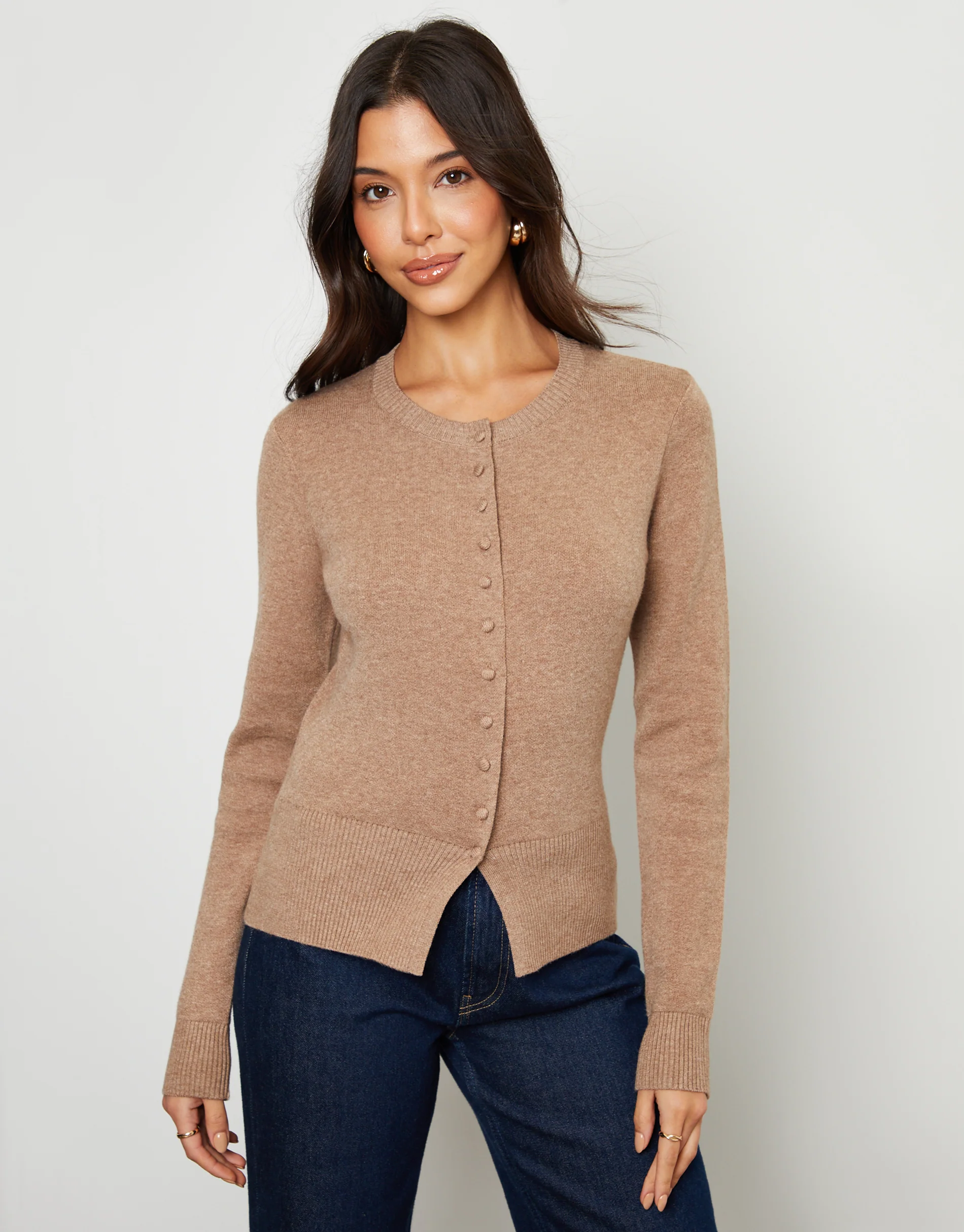 Crew Neck Compact Knitted Cardigan in Beige - Image 5