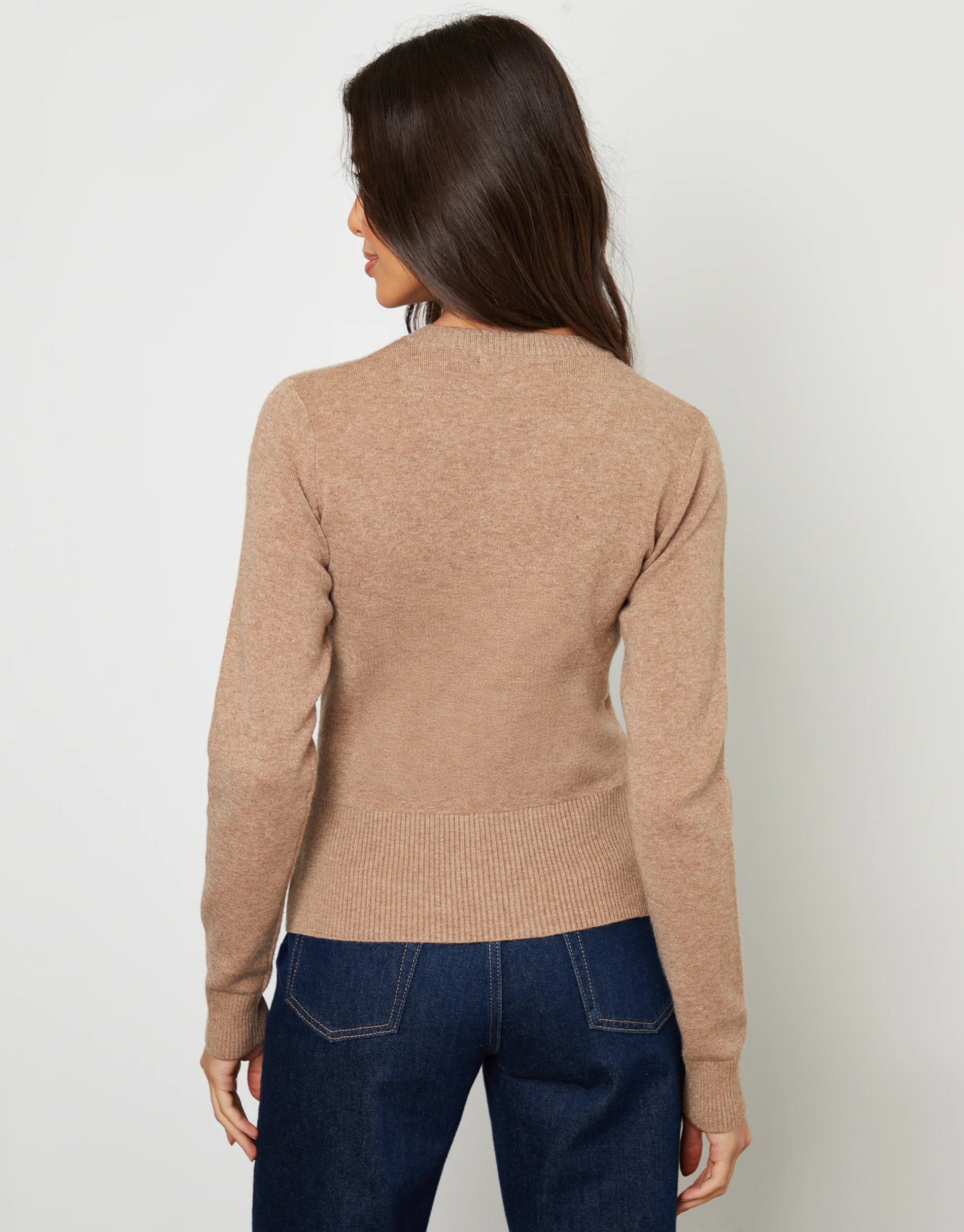 Crew Neck Compact Knitted Cardigan in Beige - Image 6