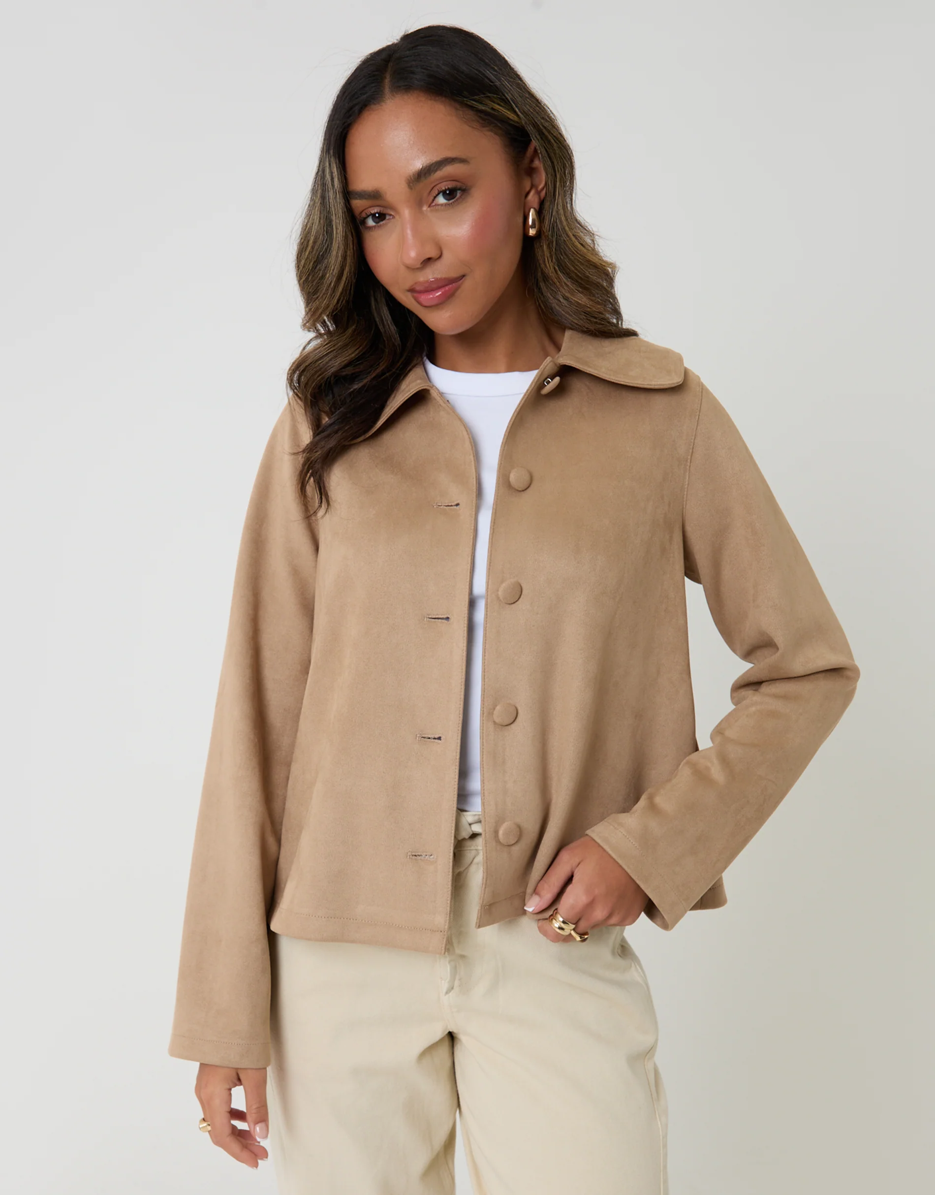 Faux Suede Peter Pan Collar Cropped Jacket in Beige