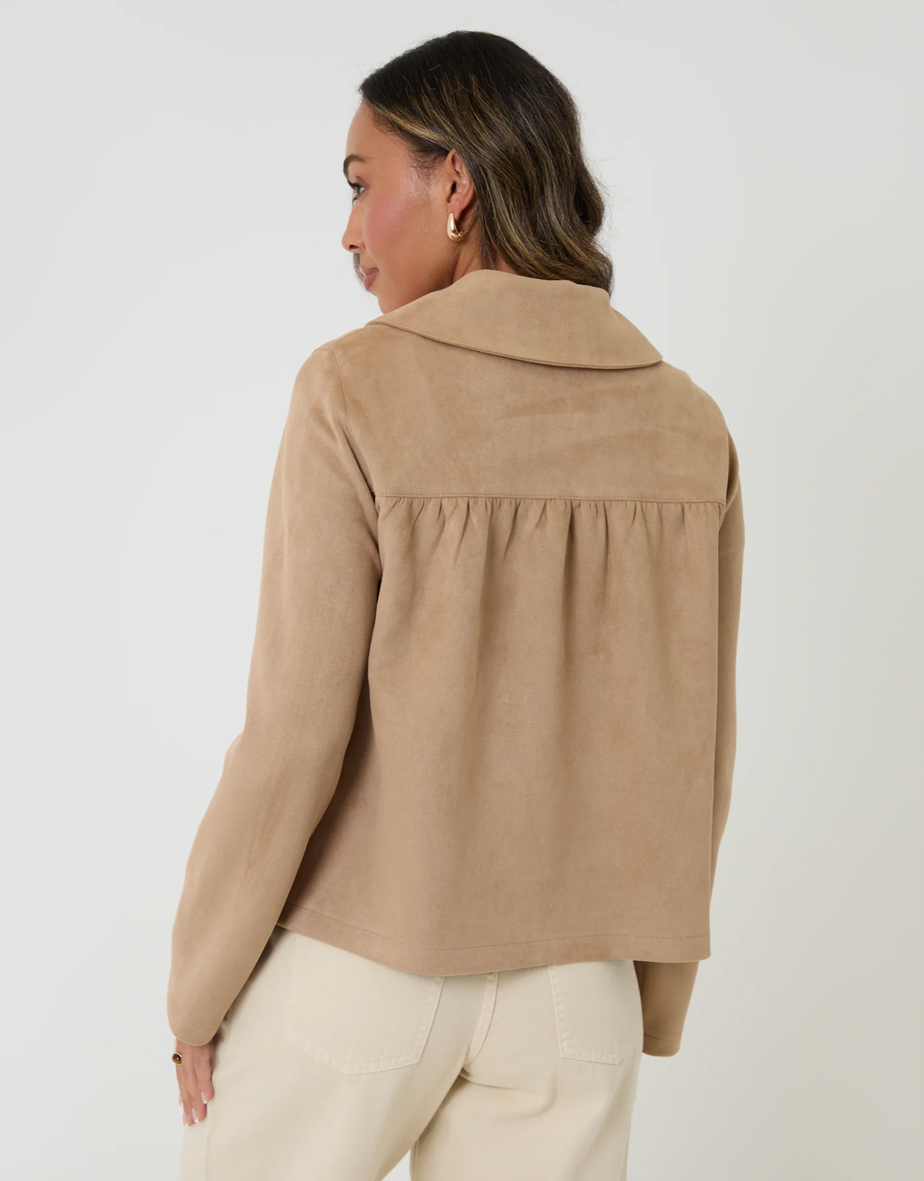 Faux Suede Peter Pan Collar Cropped Jacket in Beige - Image 2