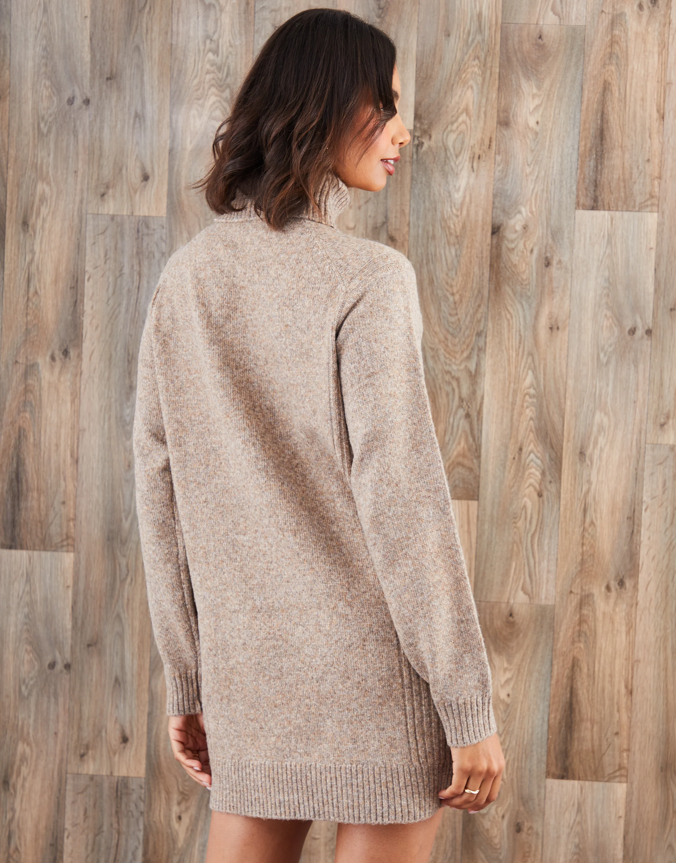 Roll Neck Knitted Mini Dress in Beige - Image 4
