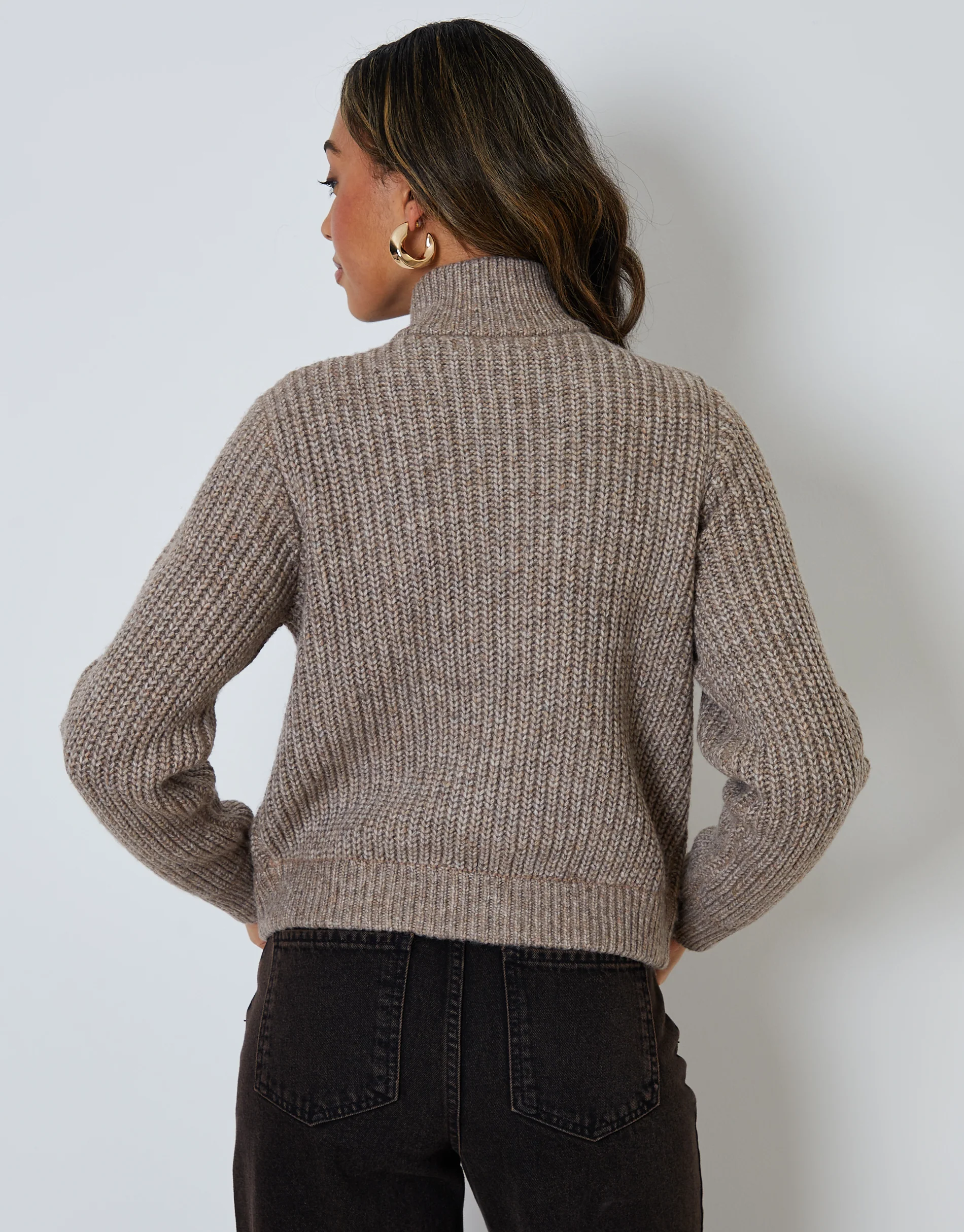 Zip Through Knitted Bomber in Beige - Image 3
