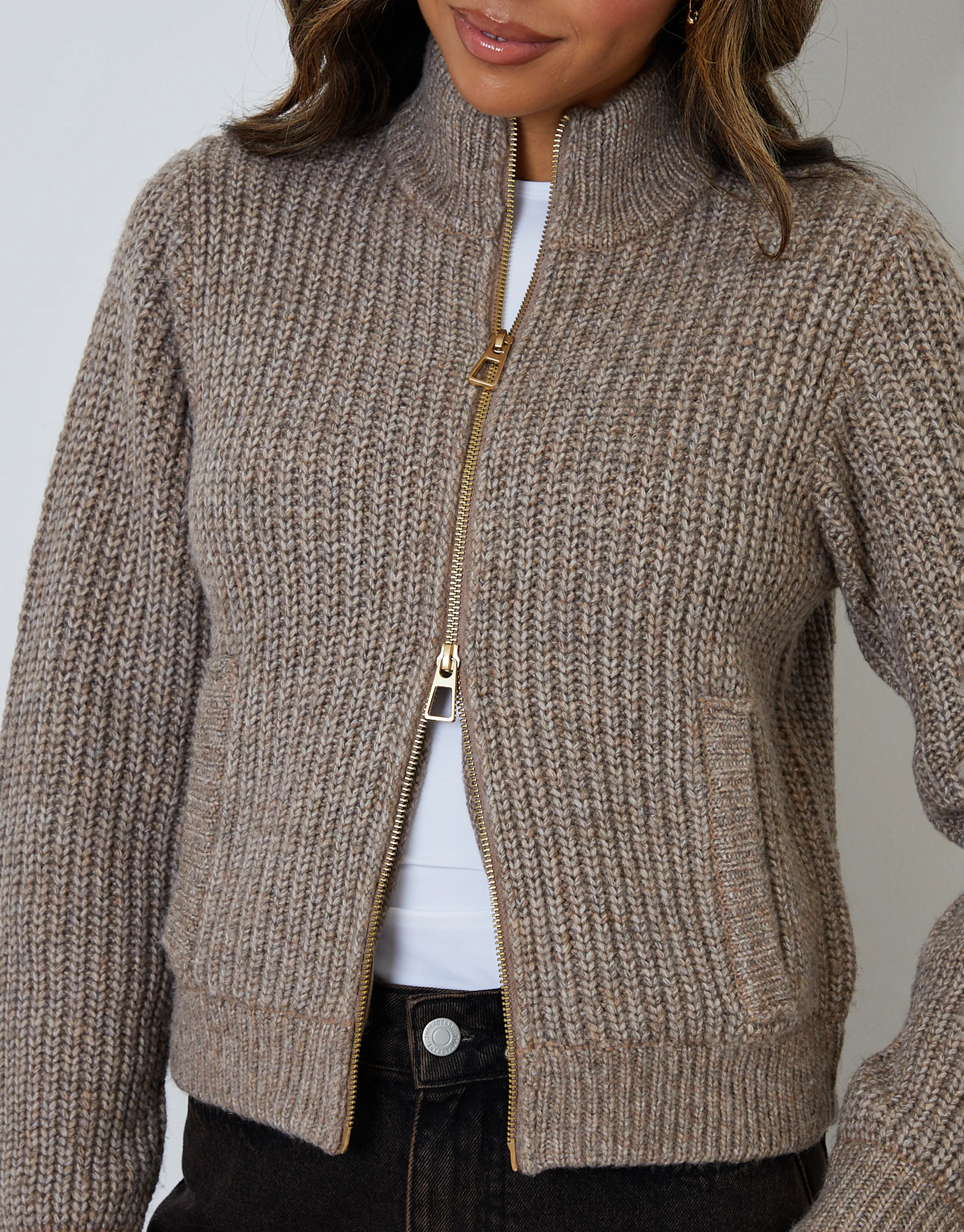 Zip Through Knitted Bomber in Beige - Image 4