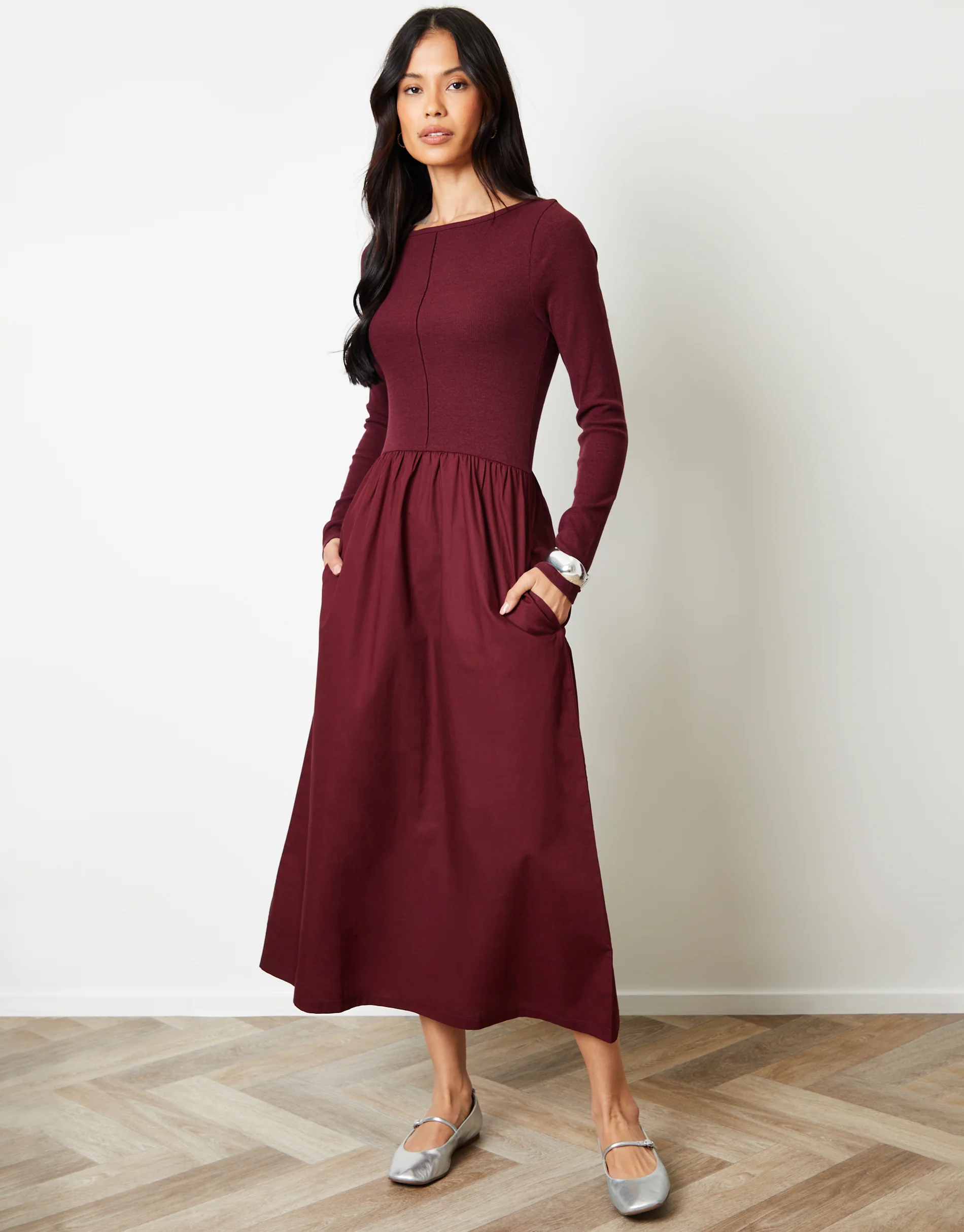 2-in-1 Jersey Poplin Mix Slash Neck Long Sleeve Dress in Berry Red