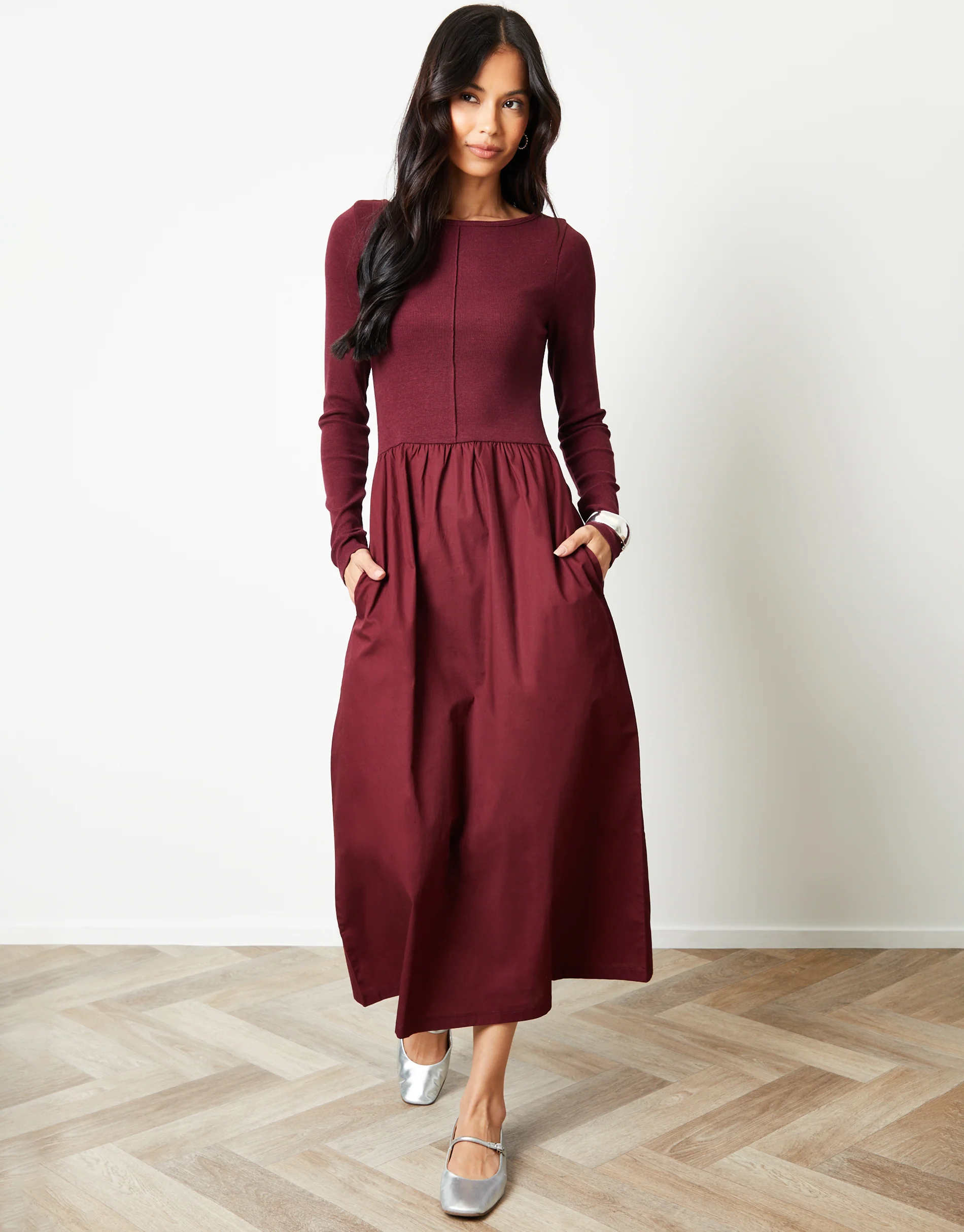2-in-1 Jersey Poplin Mix Slash Neck Long Sleeve Dress in Berry Red - Image 3
