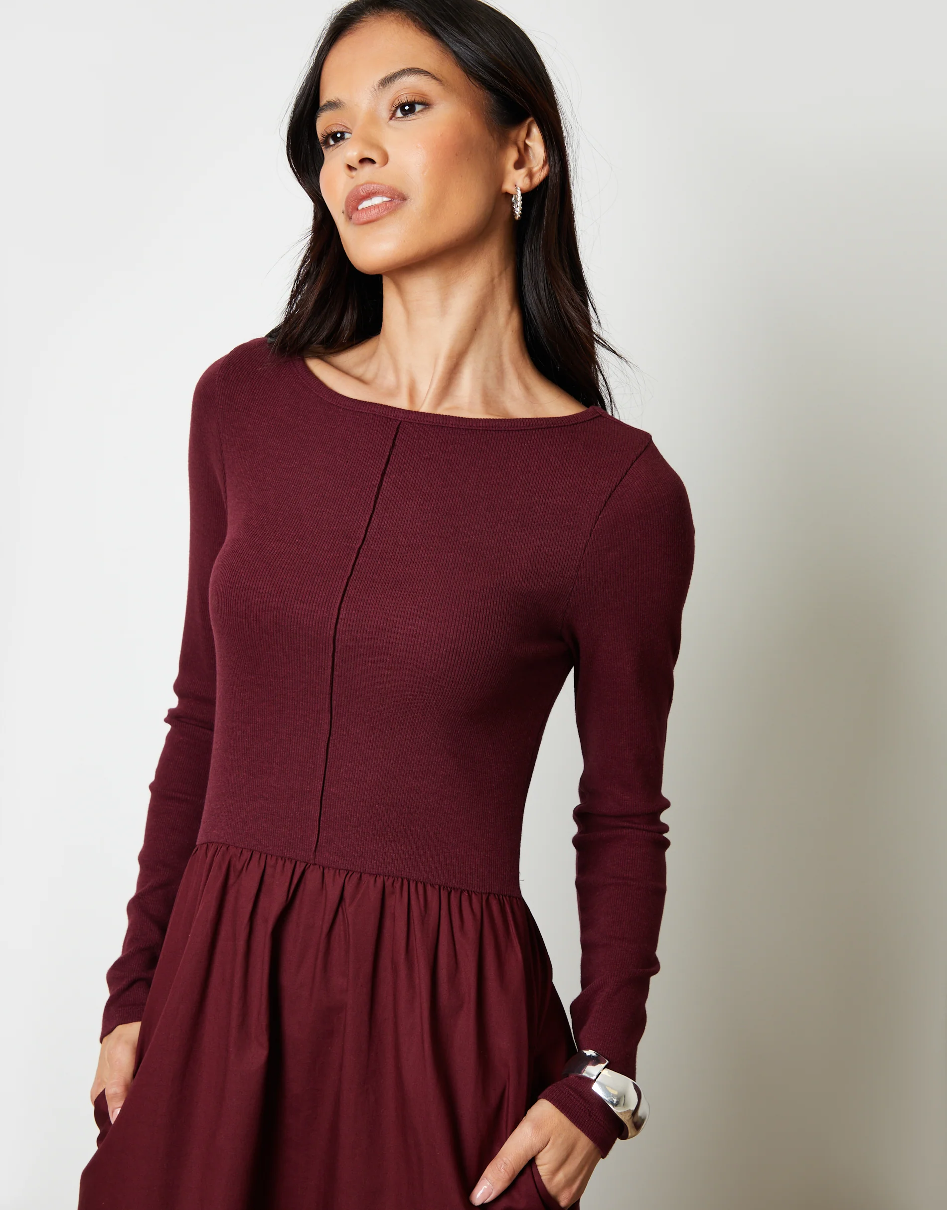 2-in-1 Jersey Poplin Mix Slash Neck Long Sleeve Dress in Berry Red - Image 4
