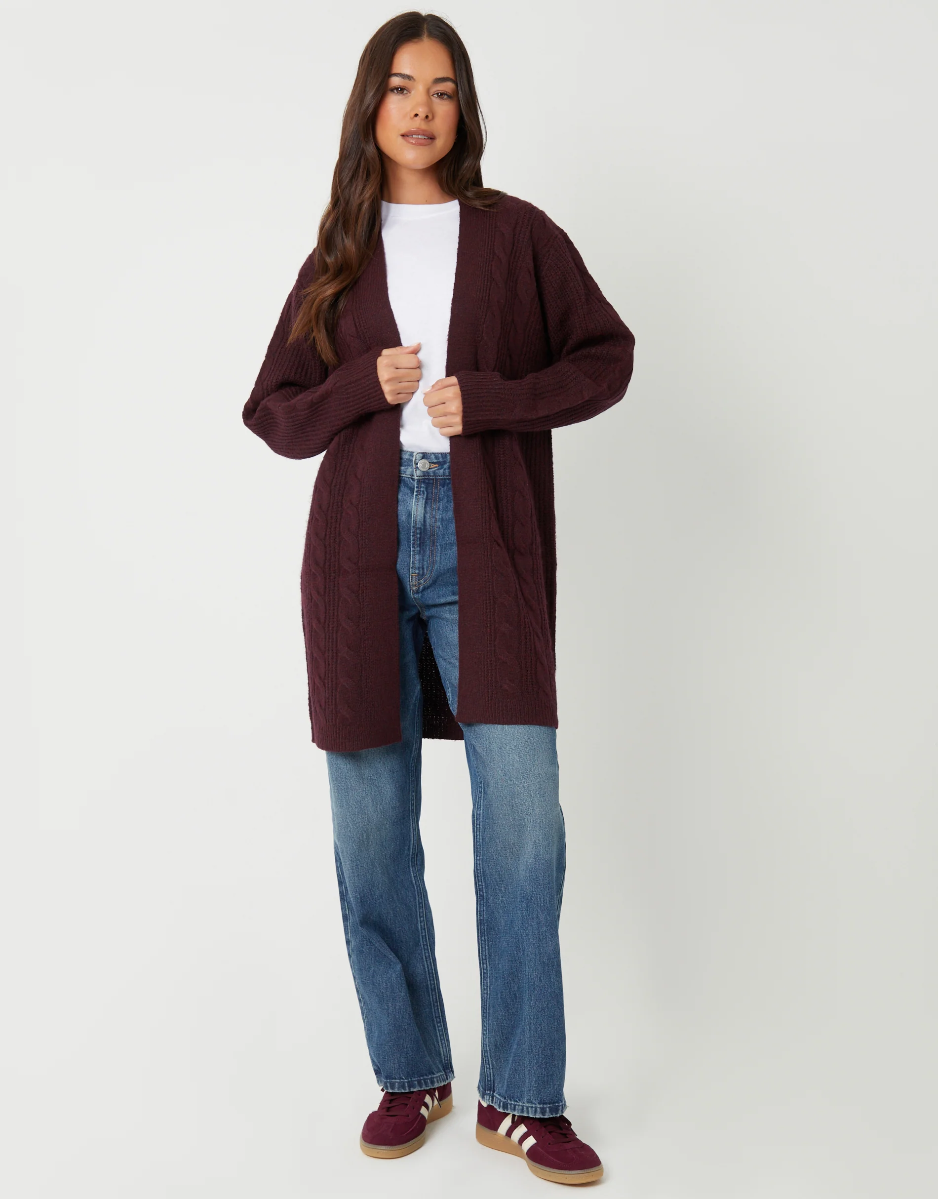Cable Knit Cardigan in Berry Red