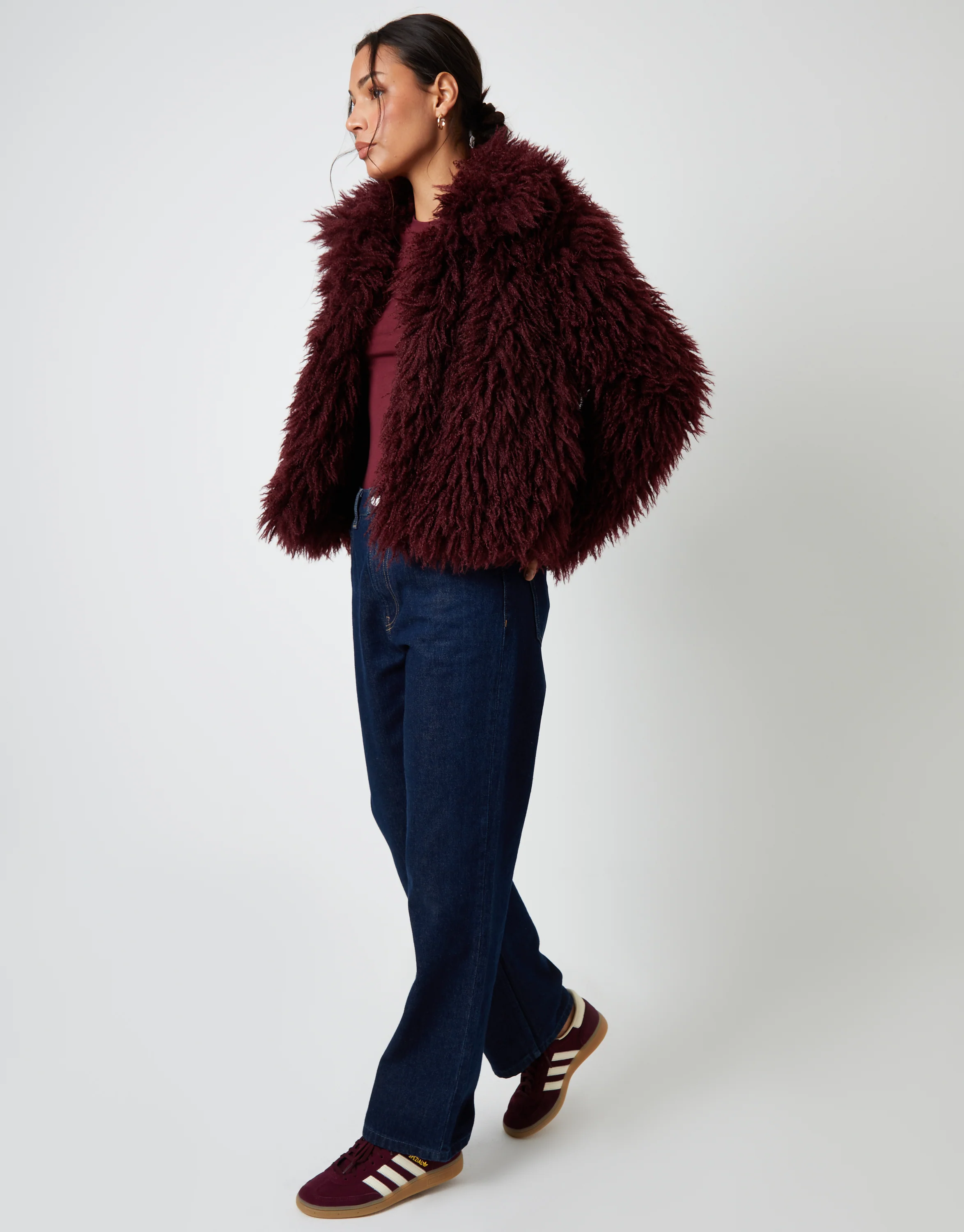 Collared Faux Fur Coat in Berry Red - Image 3