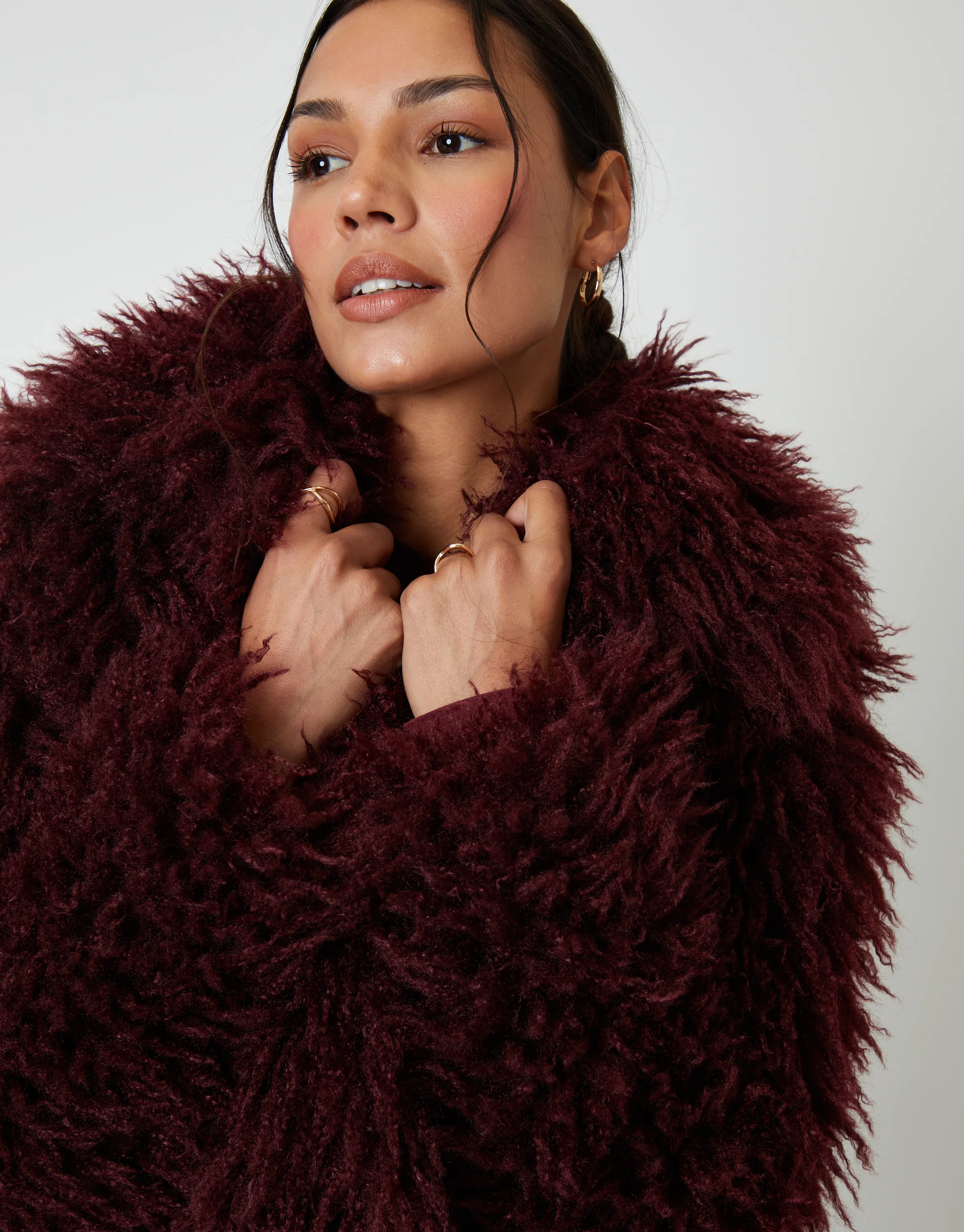 Collared Faux Fur Coat in Berry Red - Image 5