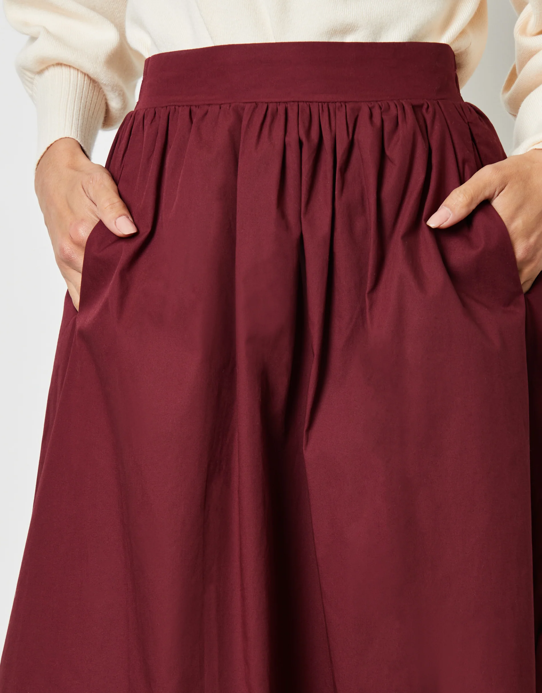 Cotton Poplin Skirt with Pockets in Berry Red - Image 2