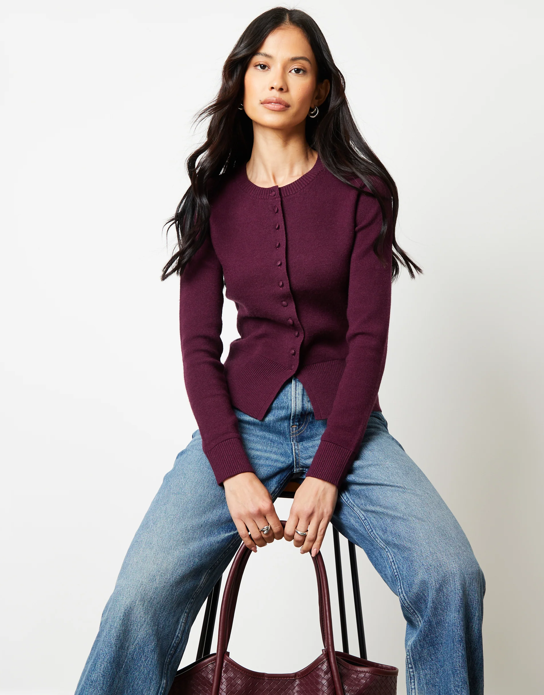 Crew Neck Compact Knitted Cardigan in Berry Red