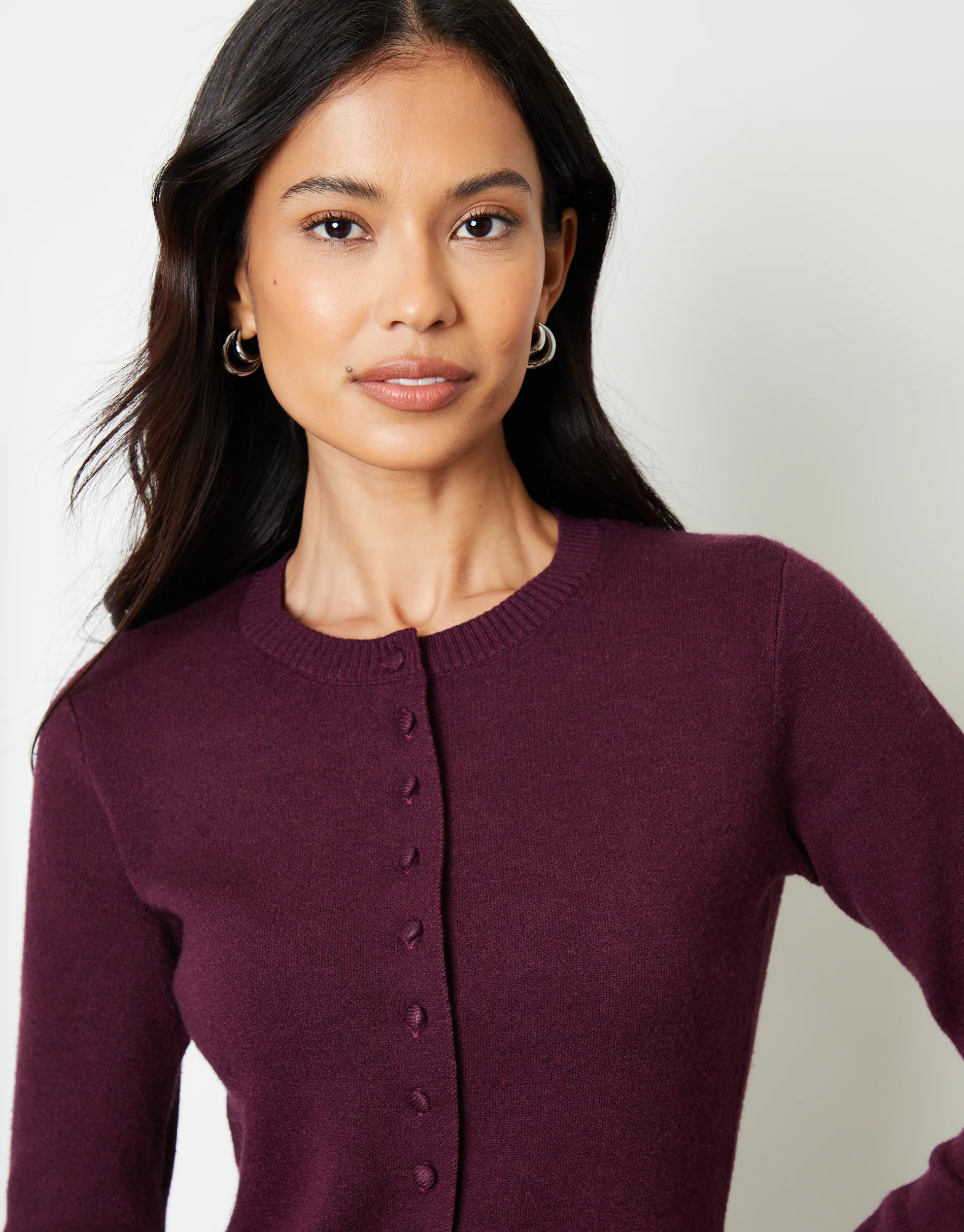 Crew Neck Compact Knitted Cardigan in Berry Red - Image 2