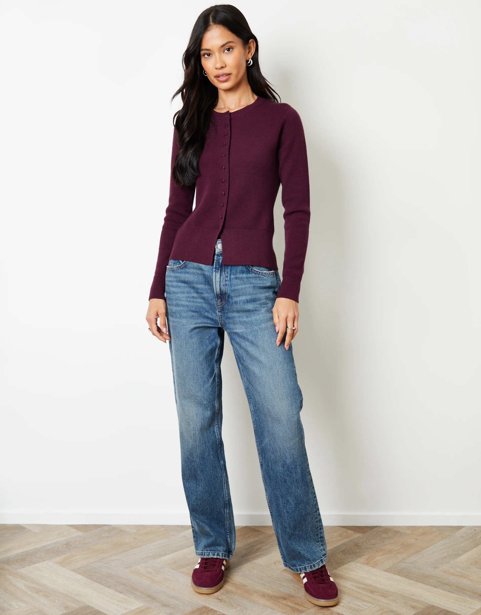 Crew Neck Compact Knitted Cardigan in Berry Red - Image 3