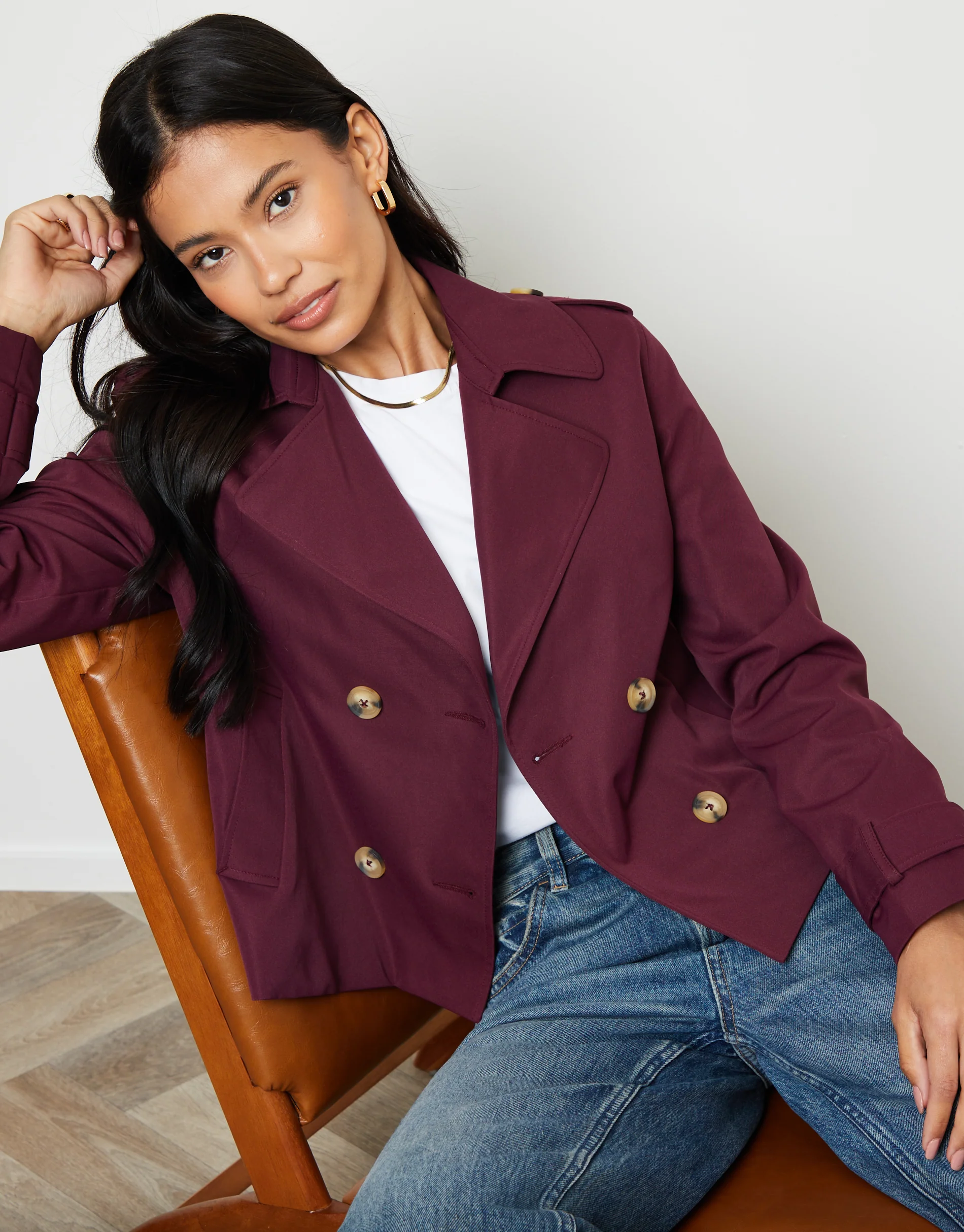 Double Breasted Cropped Trench Coat in Berry Red