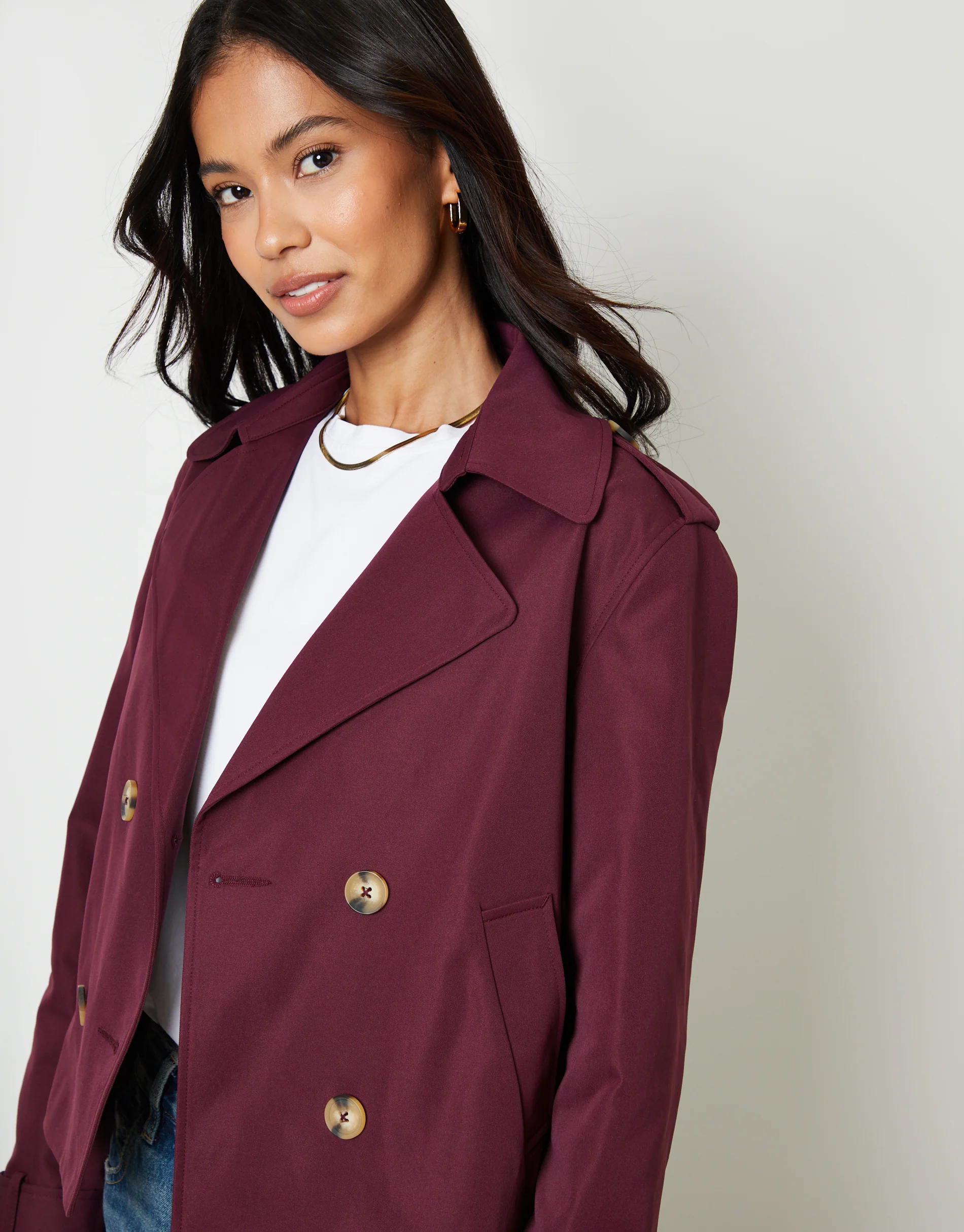 Double Breasted Cropped Trench Coat in Berry Red - Image 2