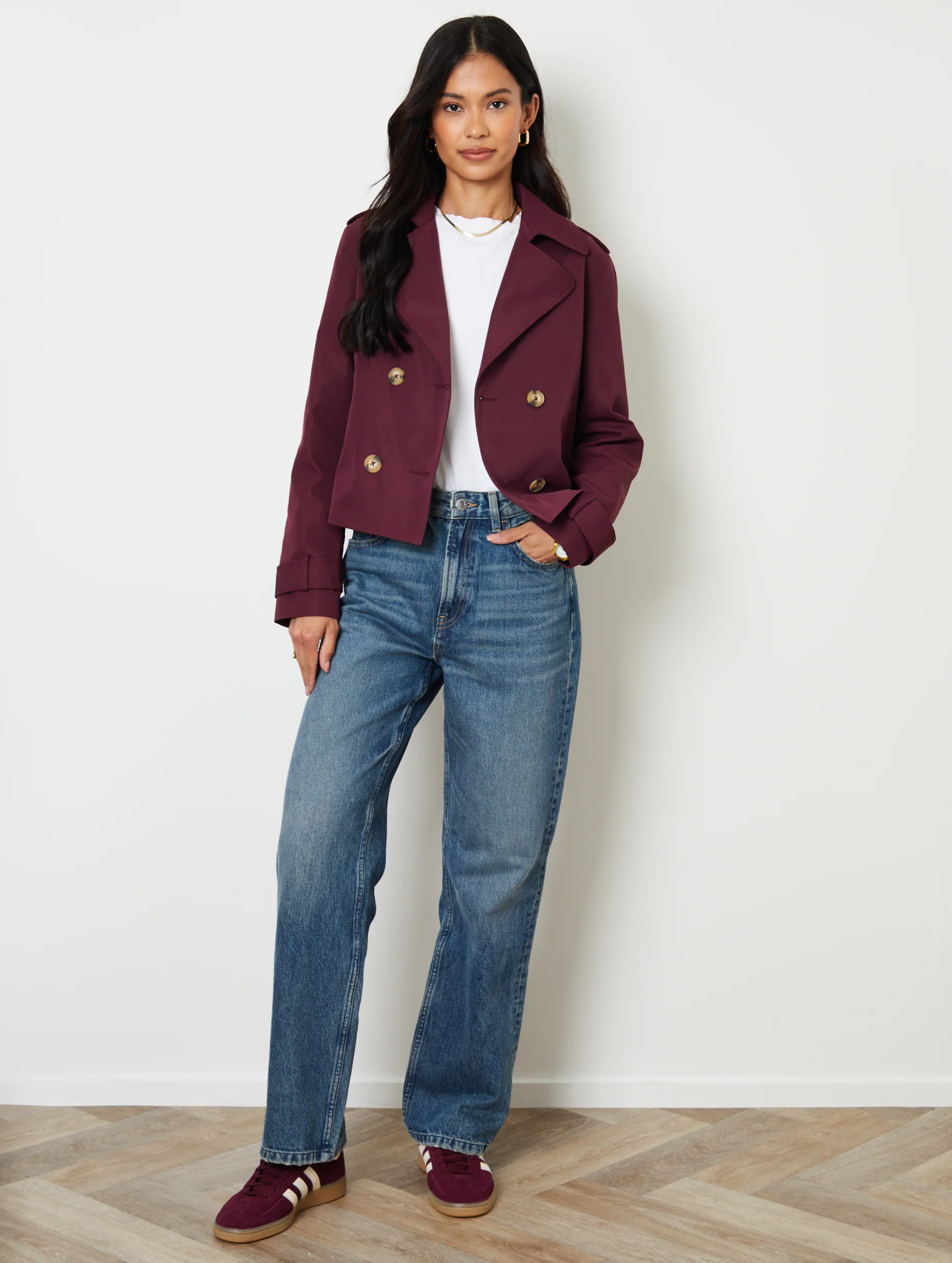Double Breasted Cropped Trench Coat in Berry Red - Image 3