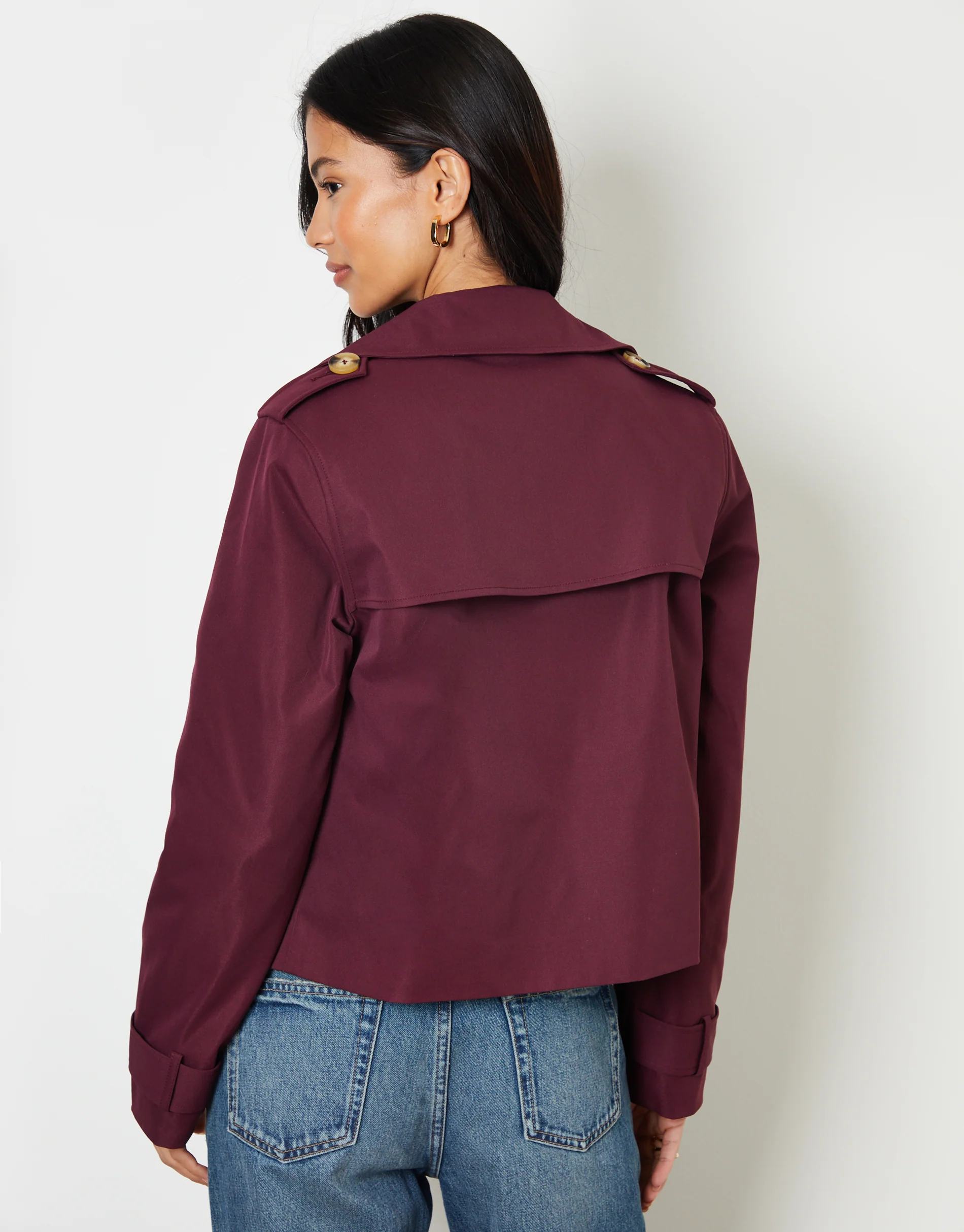 Double Breasted Cropped Trench Coat in Berry Red - Image 4