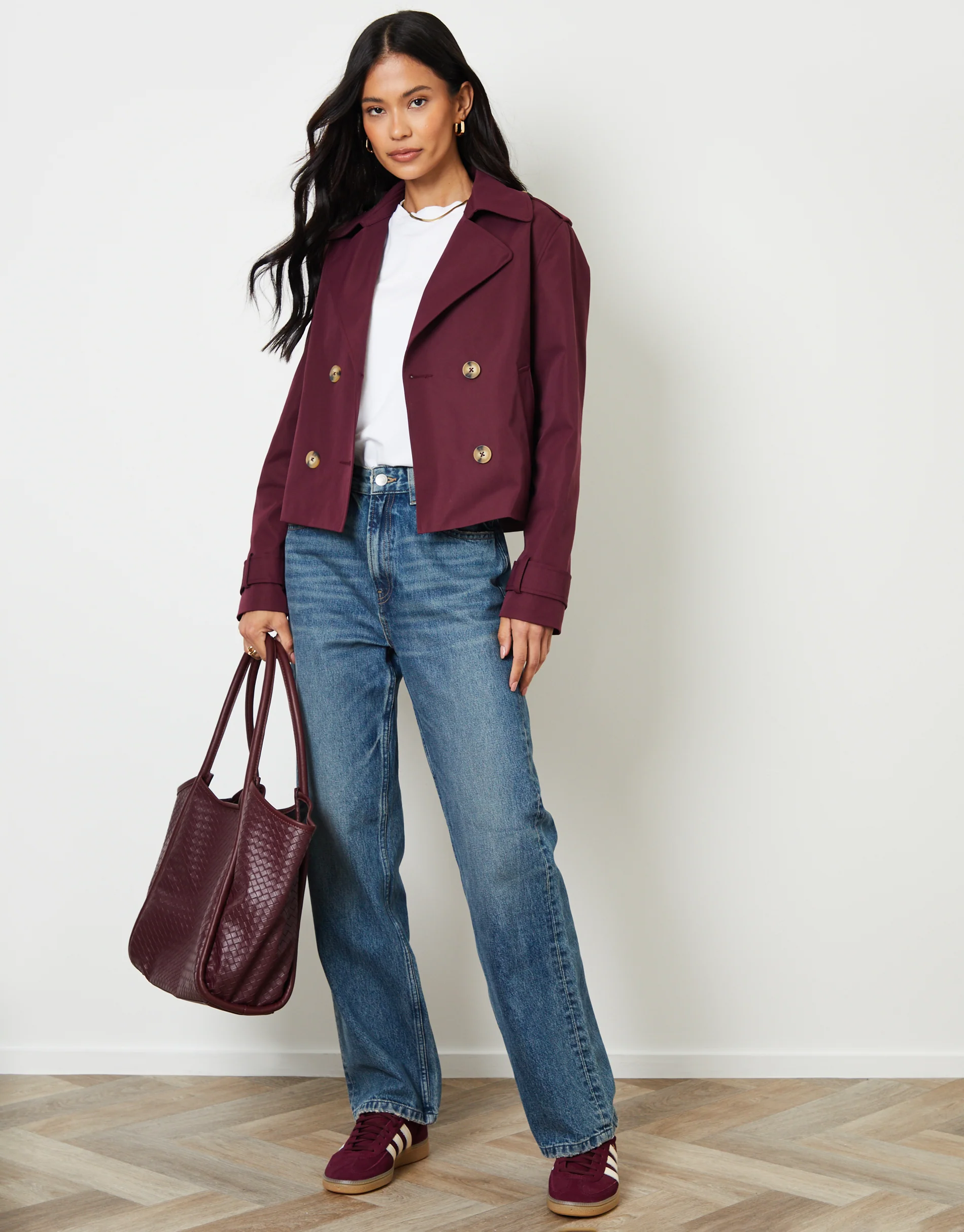 Double Breasted Cropped Trench Coat in Berry Red - Image 5