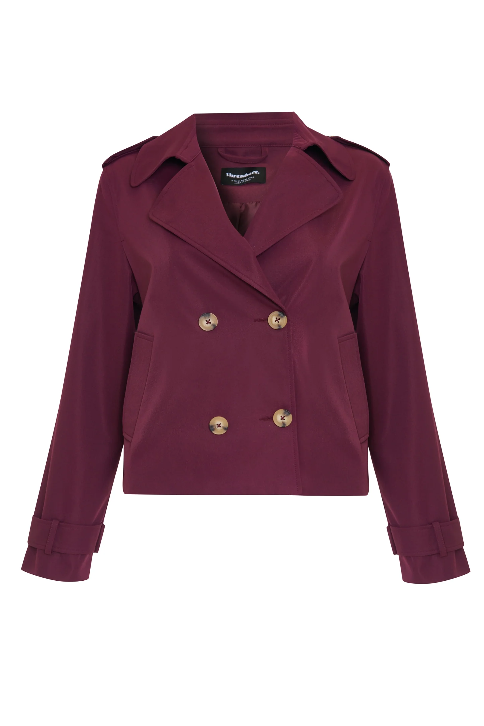 Double Breasted Cropped Trench Coat in Berry Red - Image 6