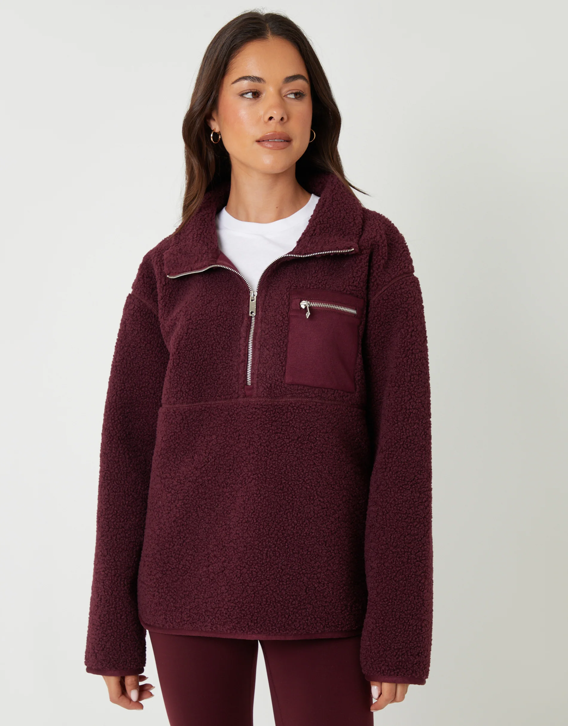 Half Zip Borg Fleece in Berry Red