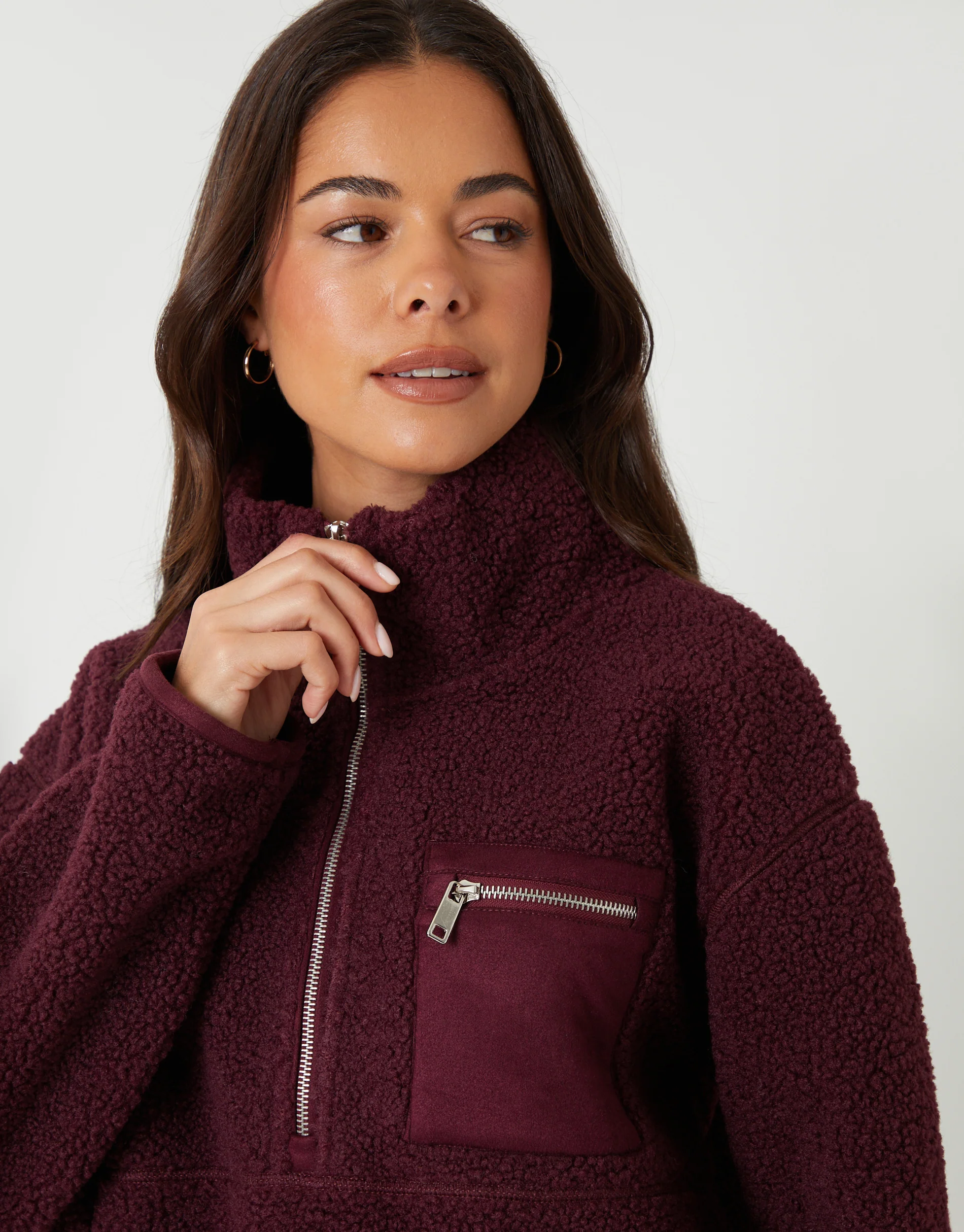 Half Zip Borg Fleece in Berry Red - Image 4
