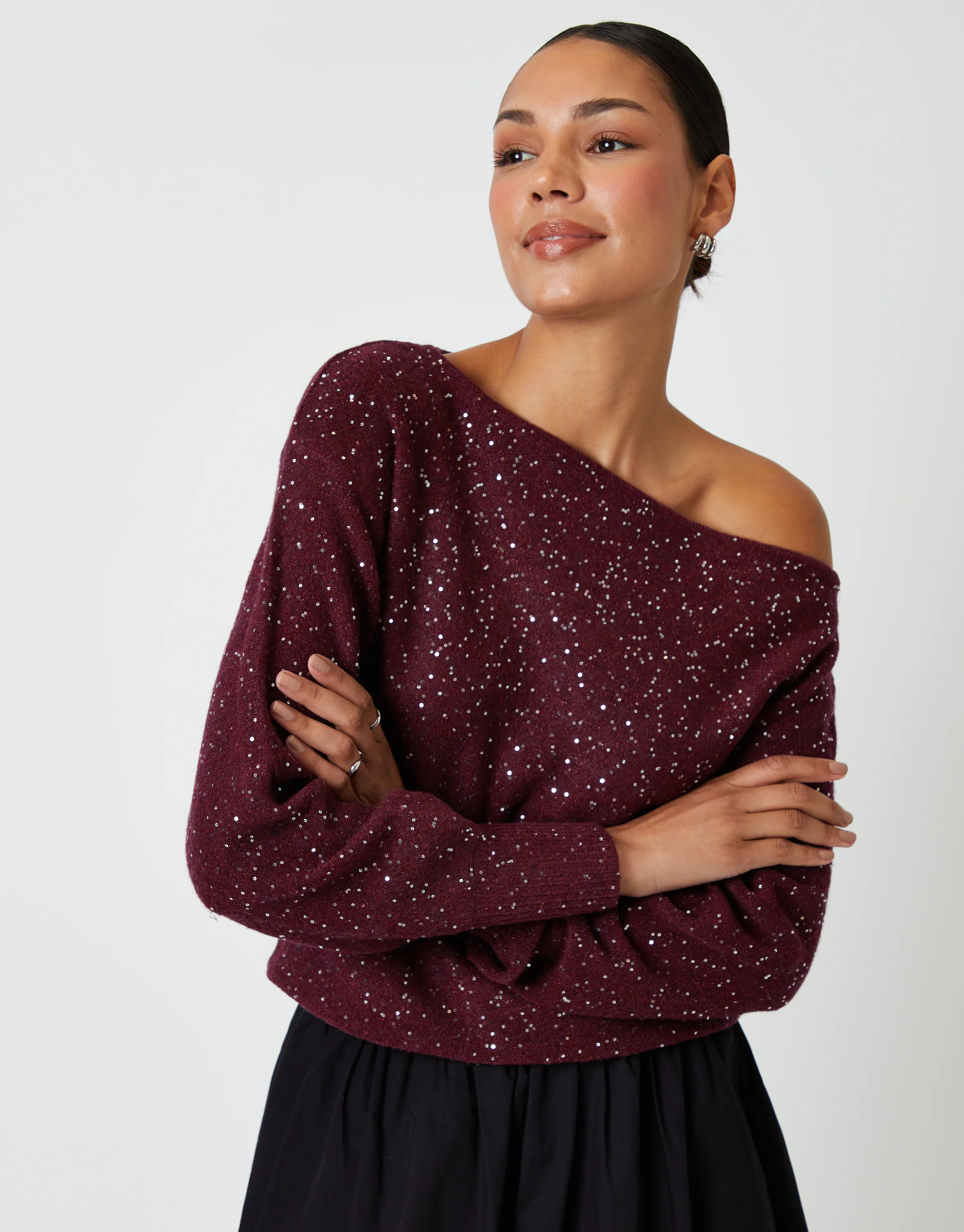 Knitted Sequin Slash Neck Jumper in Berry Red - Image 2