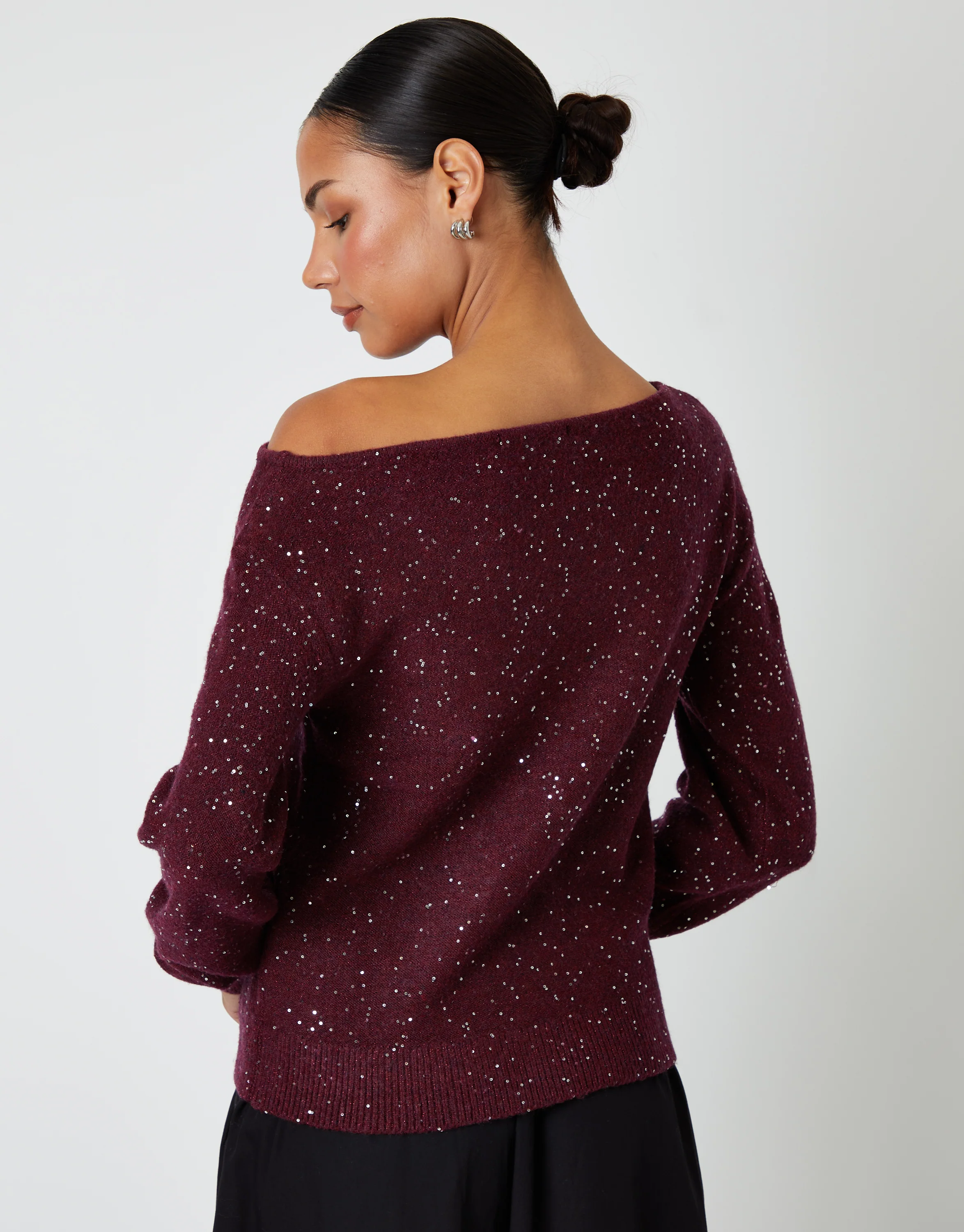 Knitted Sequin Slash Neck Jumper in Berry Red - Image 3