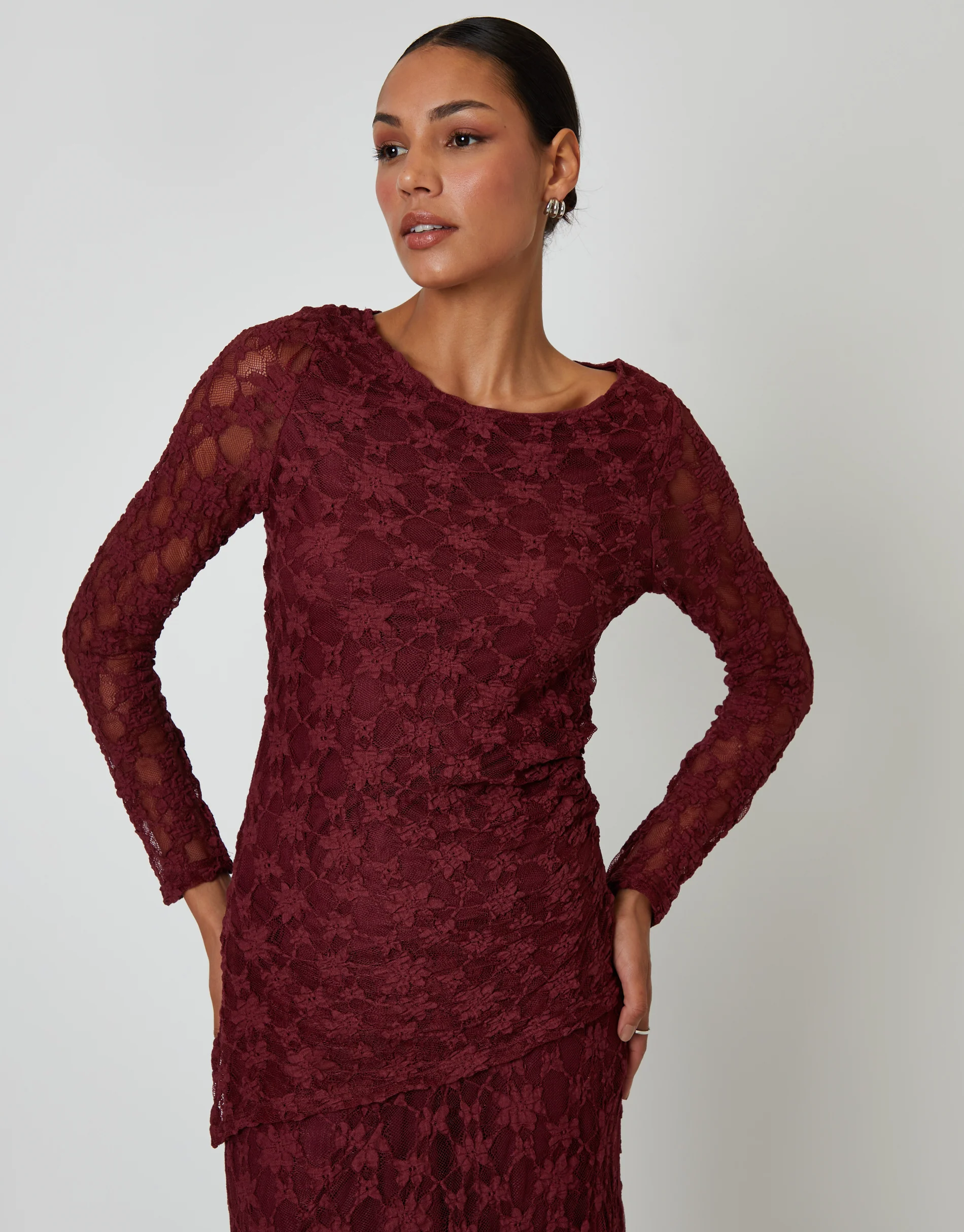 Long Sleeve Asymmetric Lace Slash Neck Top in Berry Red