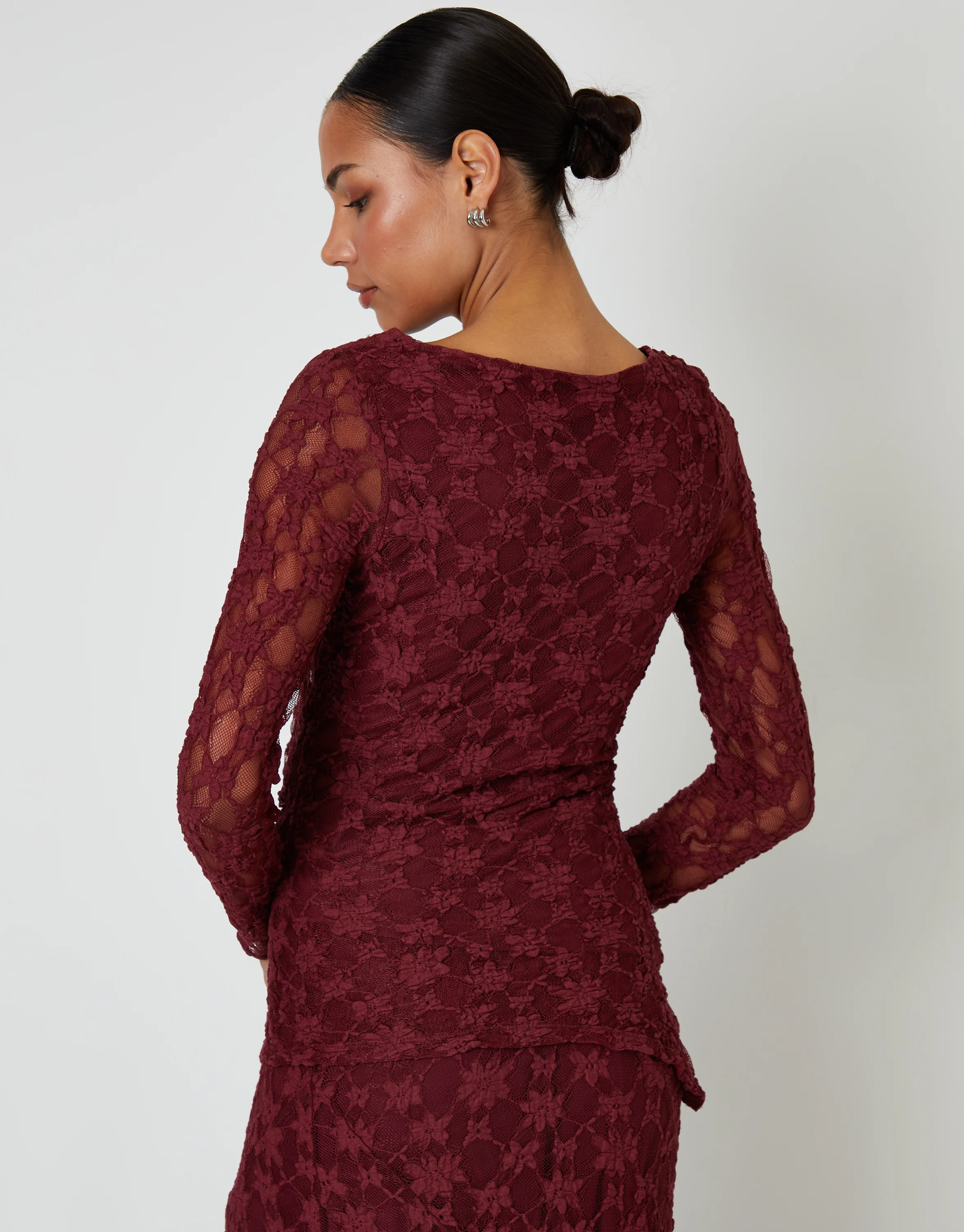 Long Sleeve Asymmetric Lace Slash Neck Top in Berry Red - Image 2