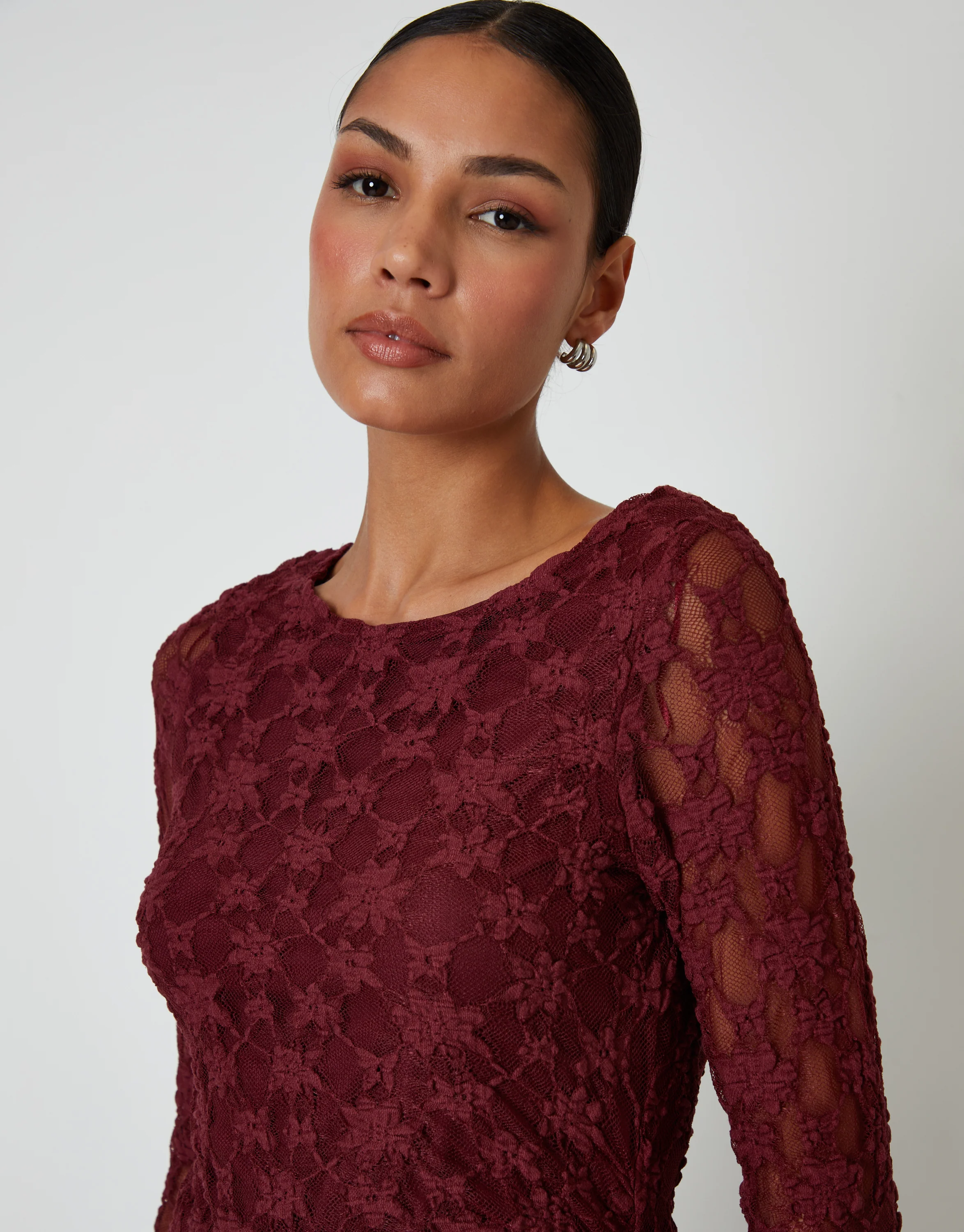 Long Sleeve Asymmetric Lace Slash Neck Top in Berry Red - Image 4