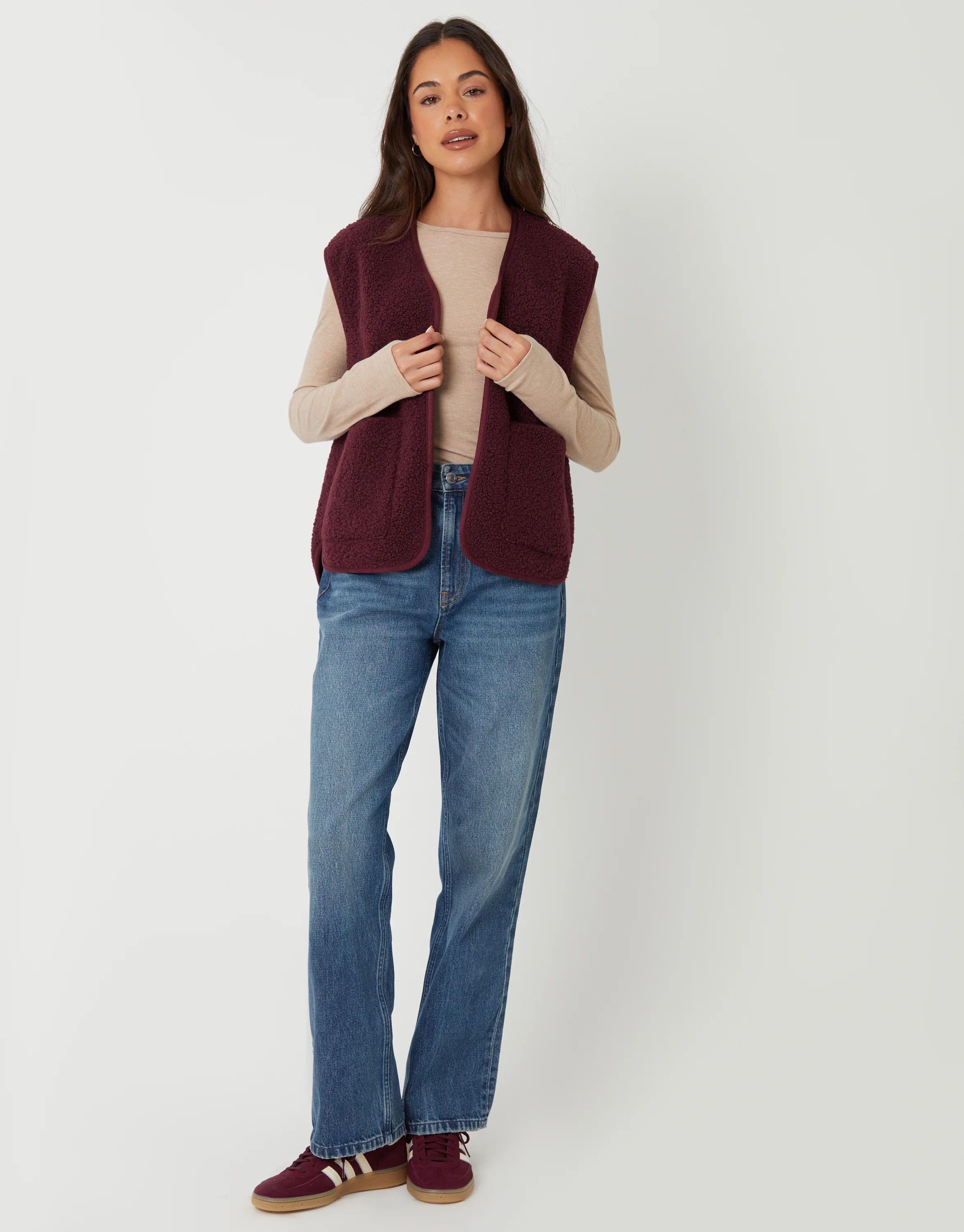 Reversible Fleece Borg Gilet in Berry Red - Image 4