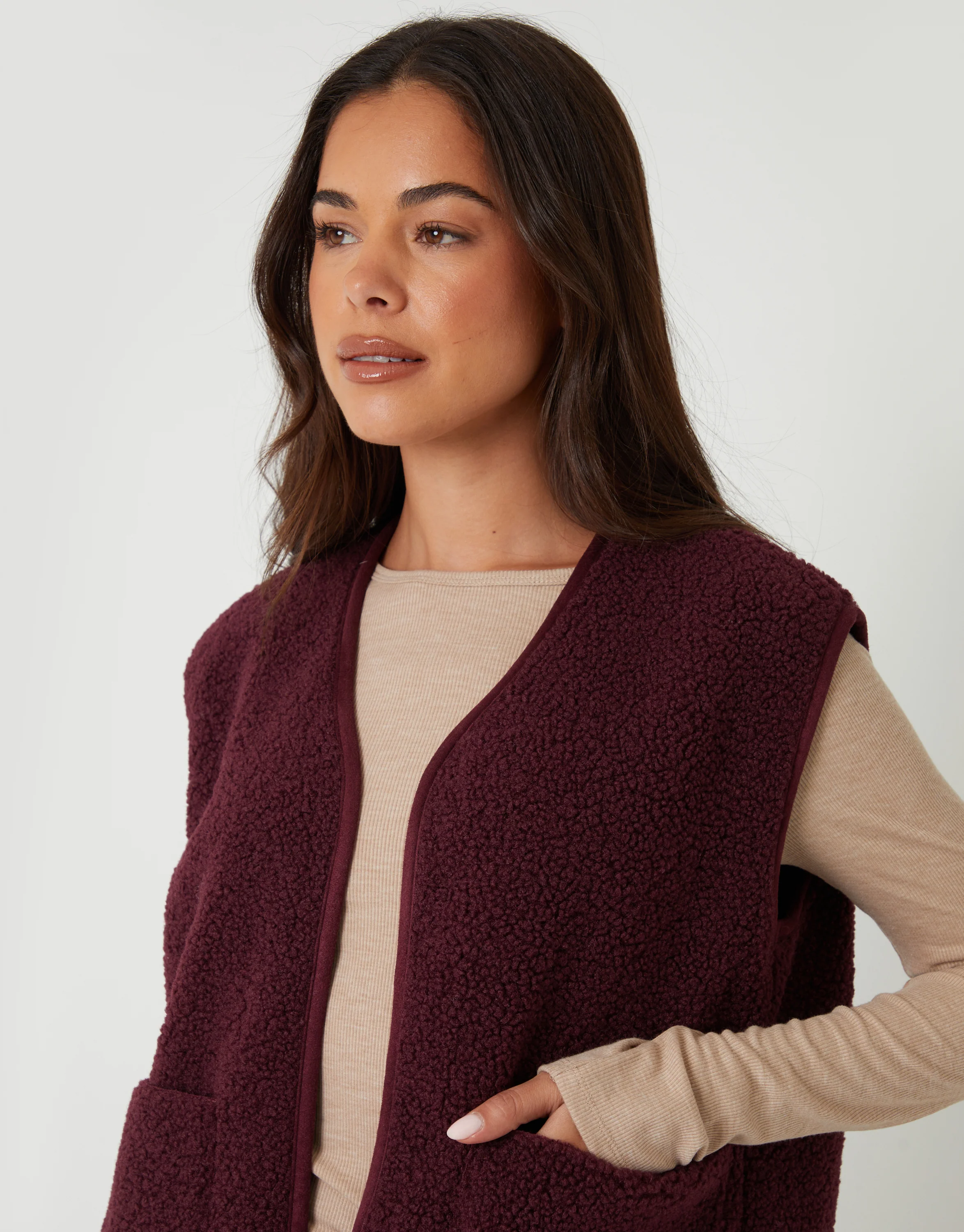 Reversible Fleece Borg Gilet in Berry Red - Image 5