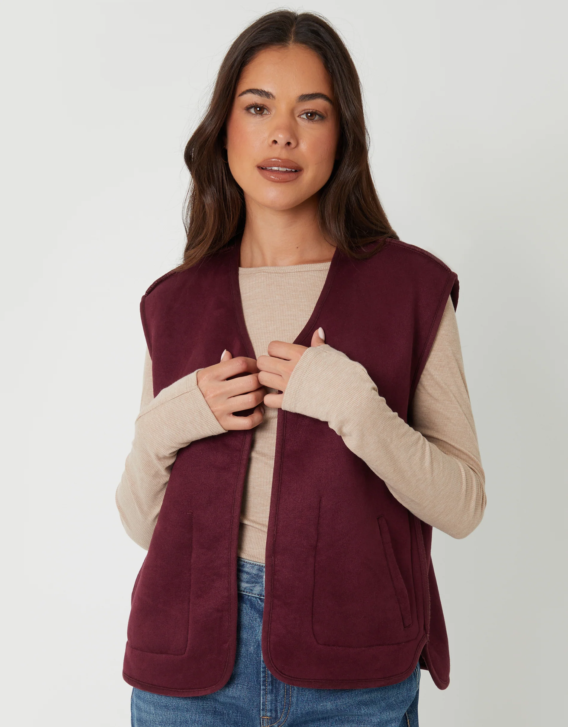 Reversible Fleece Borg Gilet in Berry Red - Image 6