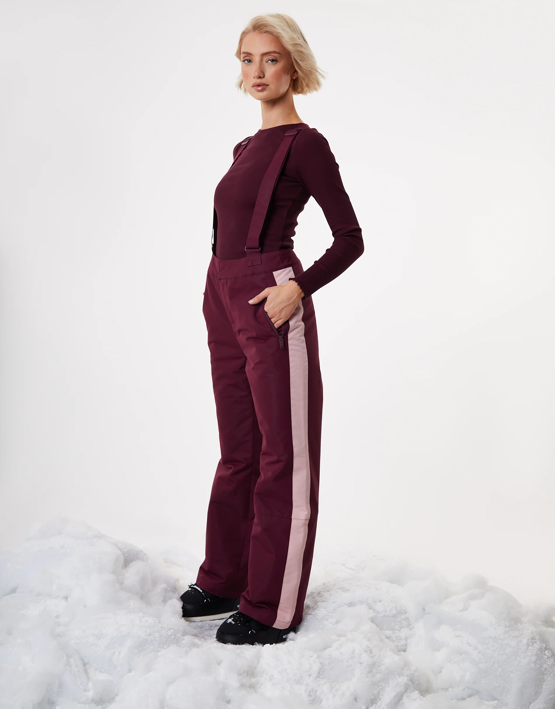 Side Stripe Padded Ski Pants with Braces in Berry Red