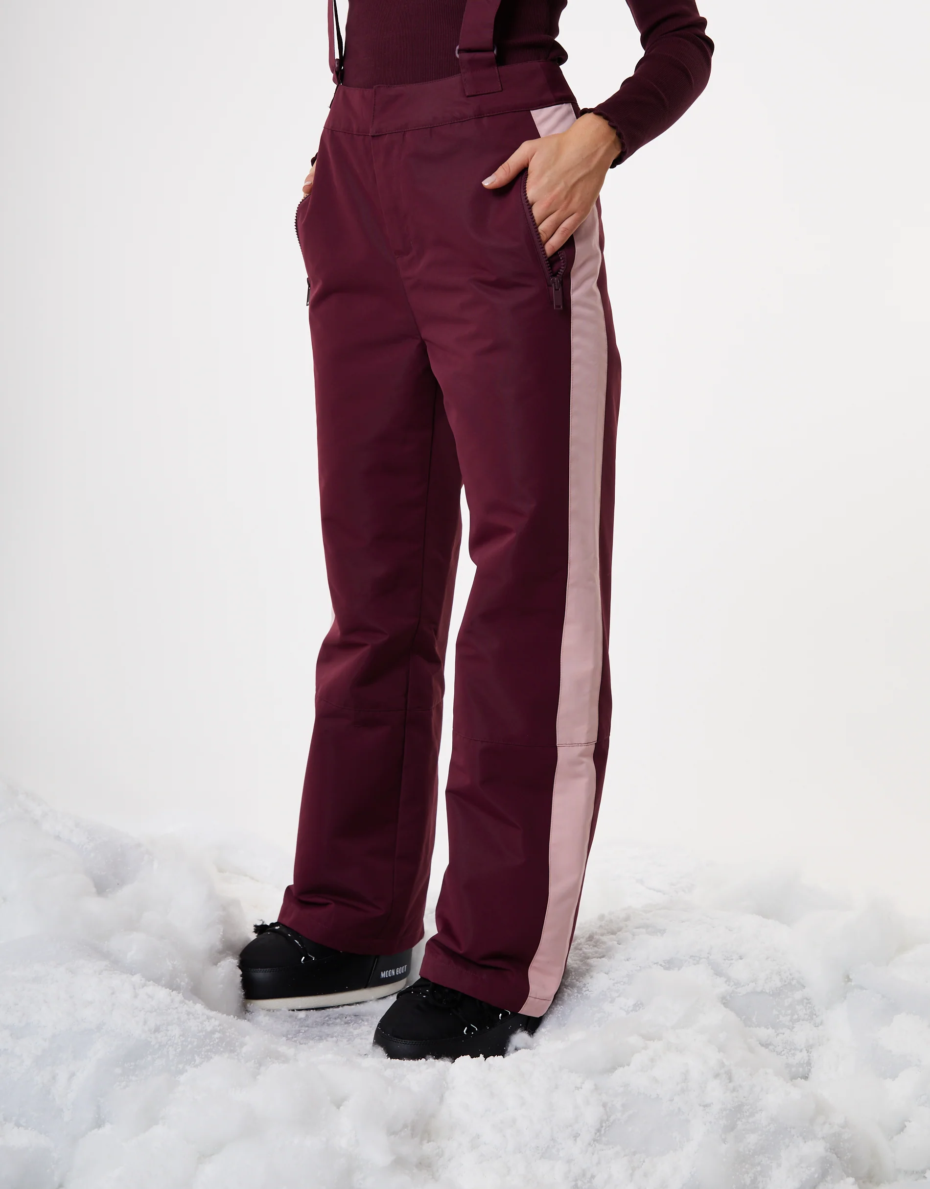 Side Stripe Padded Ski Pants with Braces in Berry Red - Image 5