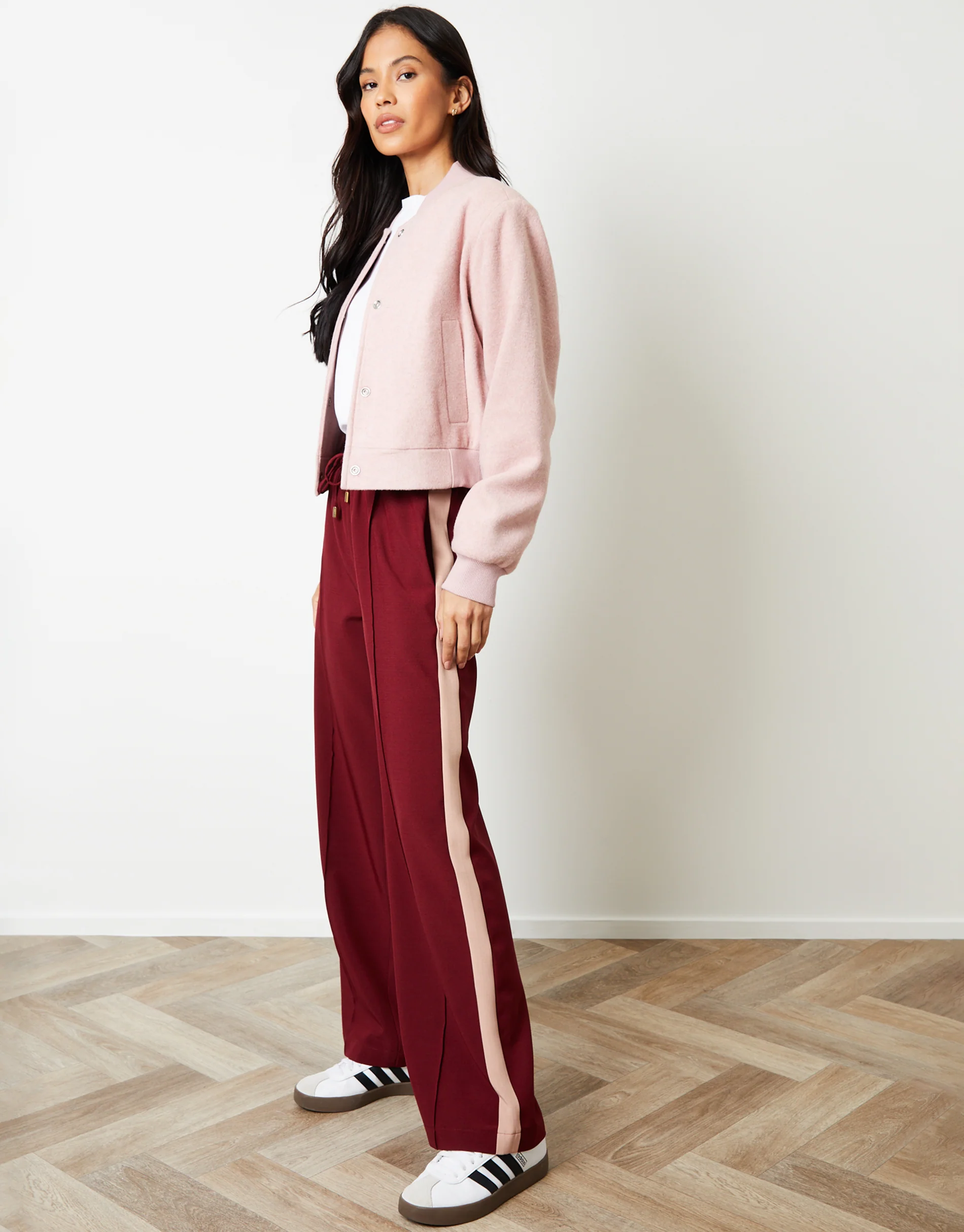 Wide Leg Side Stripe Pull On Trousers in Berry Red