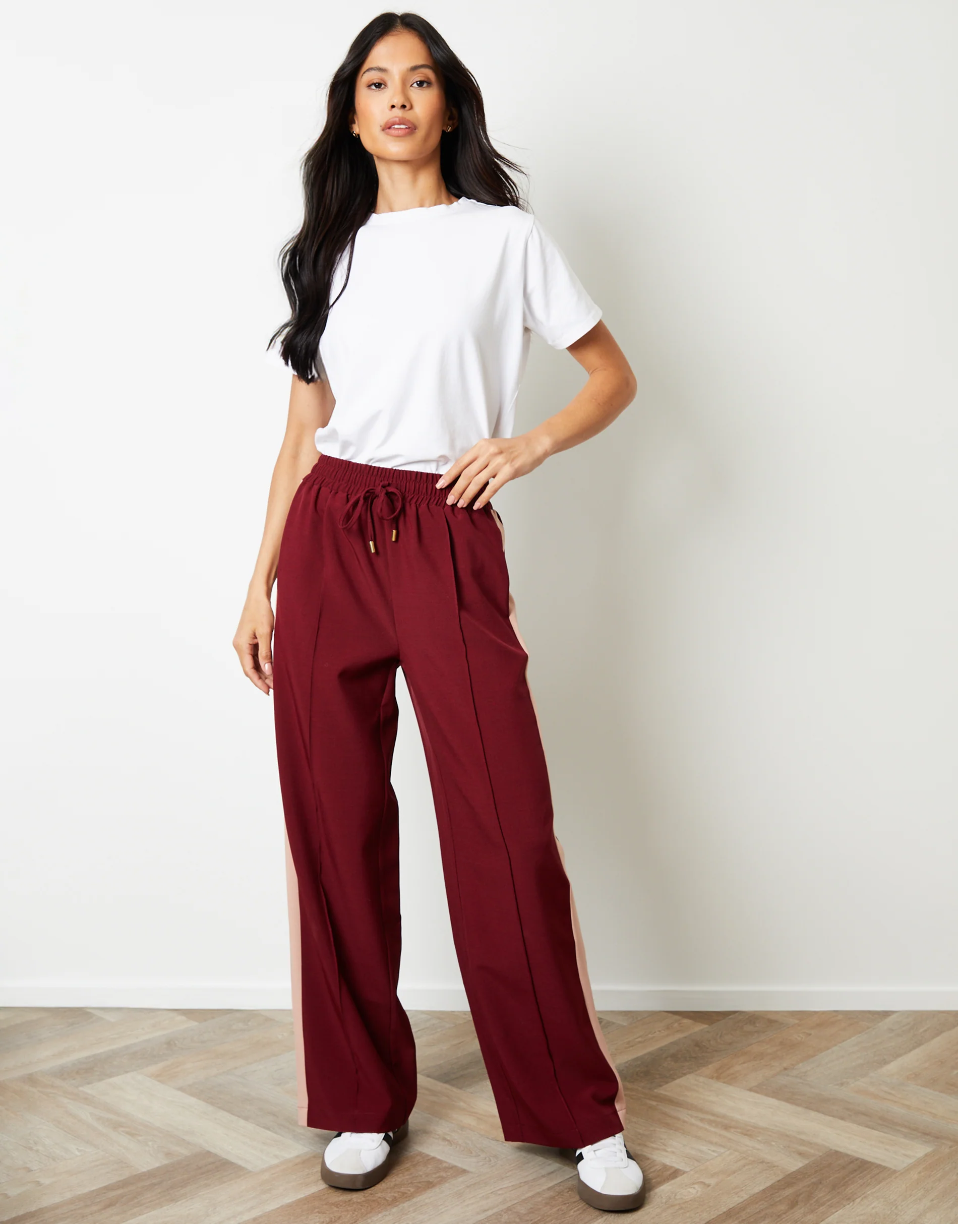 Wide Leg Side Stripe Pull On Trousers in Berry Red - Image 2