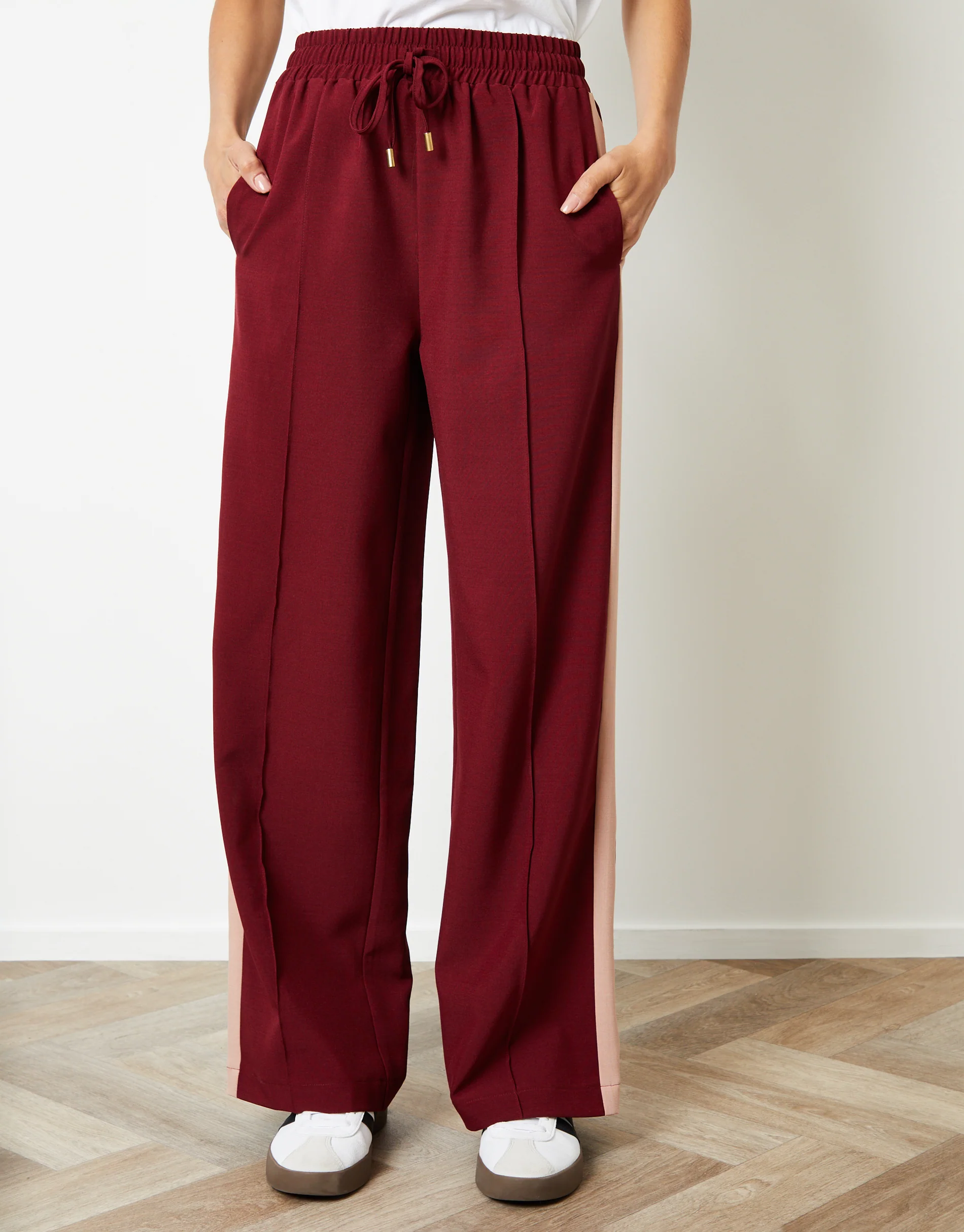Wide Leg Side Stripe Pull On Trousers in Berry Red - Image 3