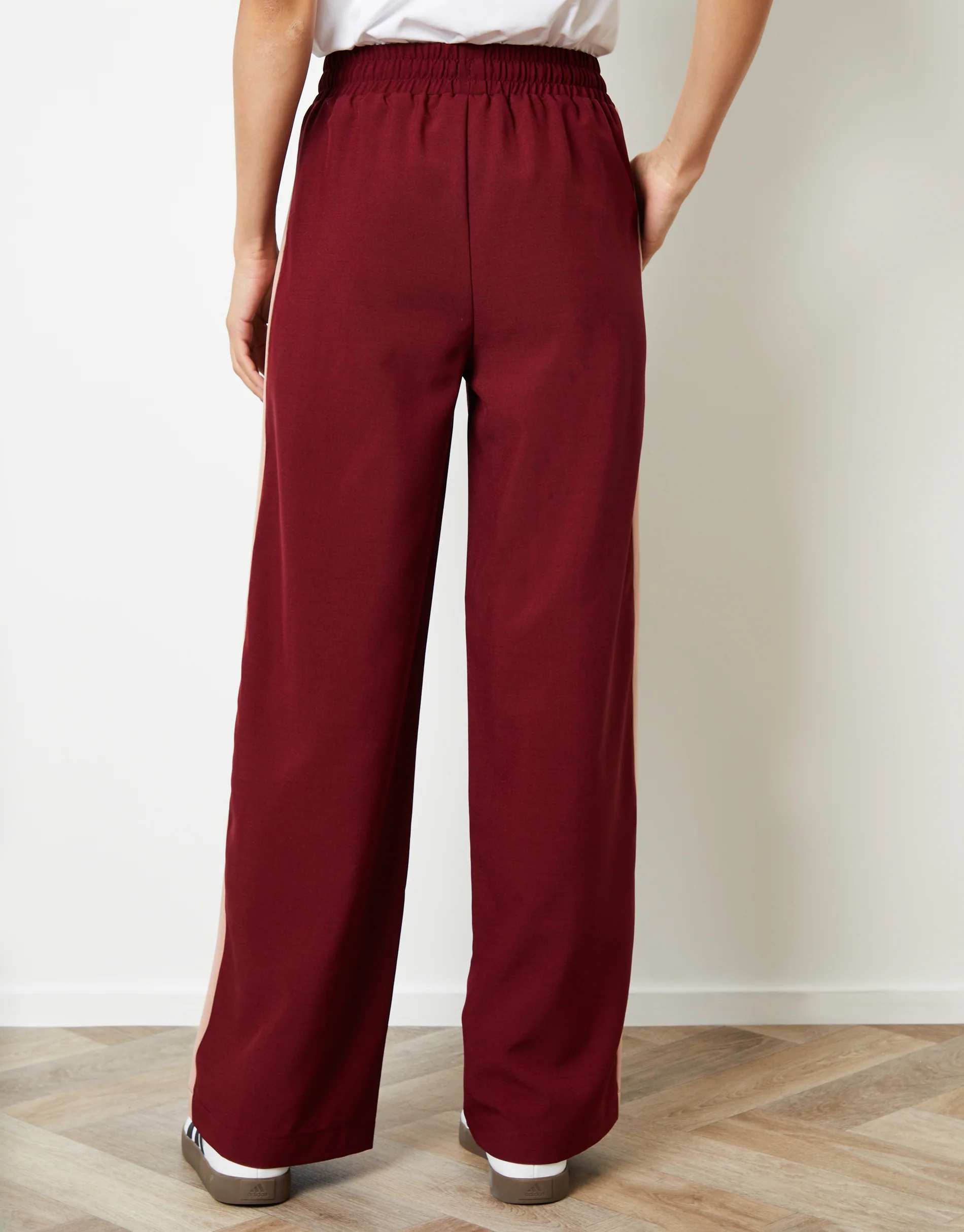 Wide Leg Side Stripe Pull On Trousers in Berry Red - Image 4