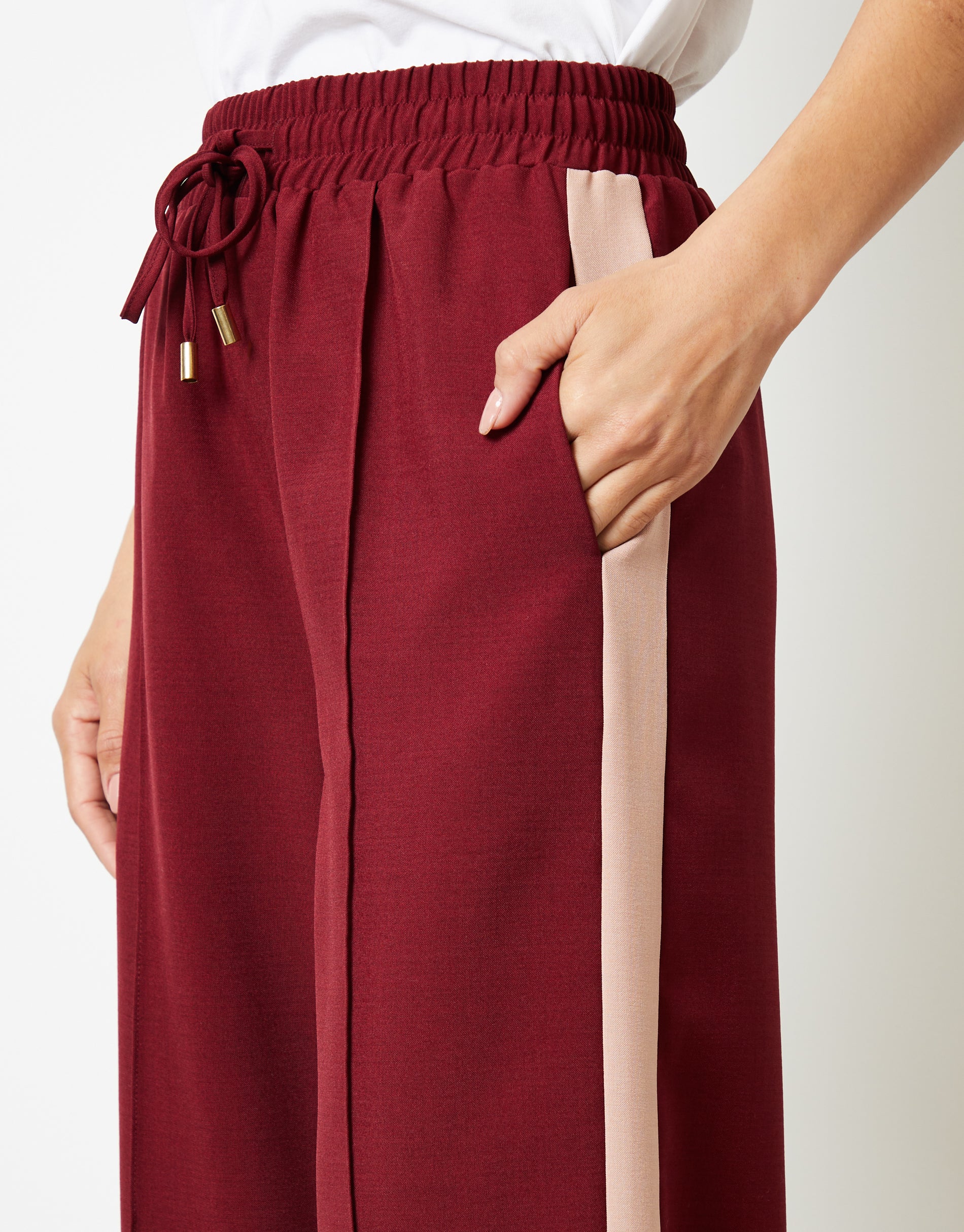 Wide Leg Side Stripe Pull On Trousers in Berry Red - Image 5